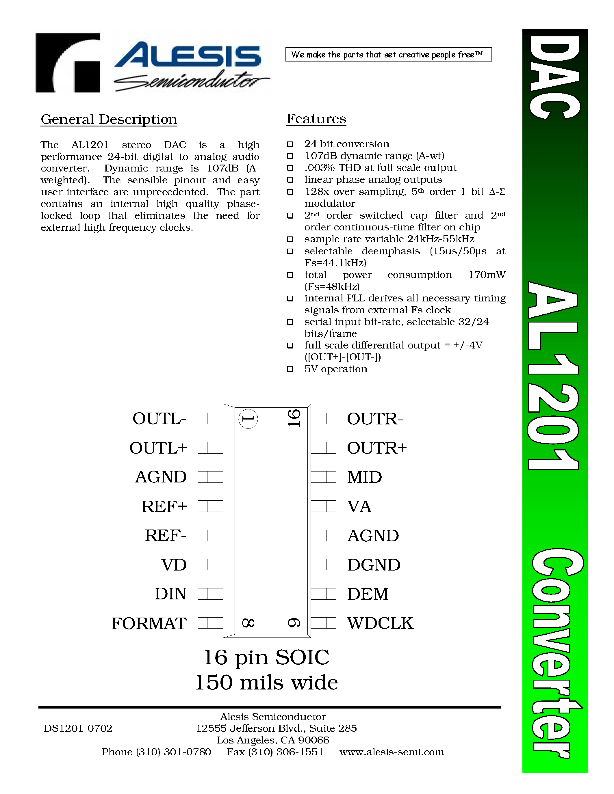 Даташит AL1201 - stereo DAC страница 1