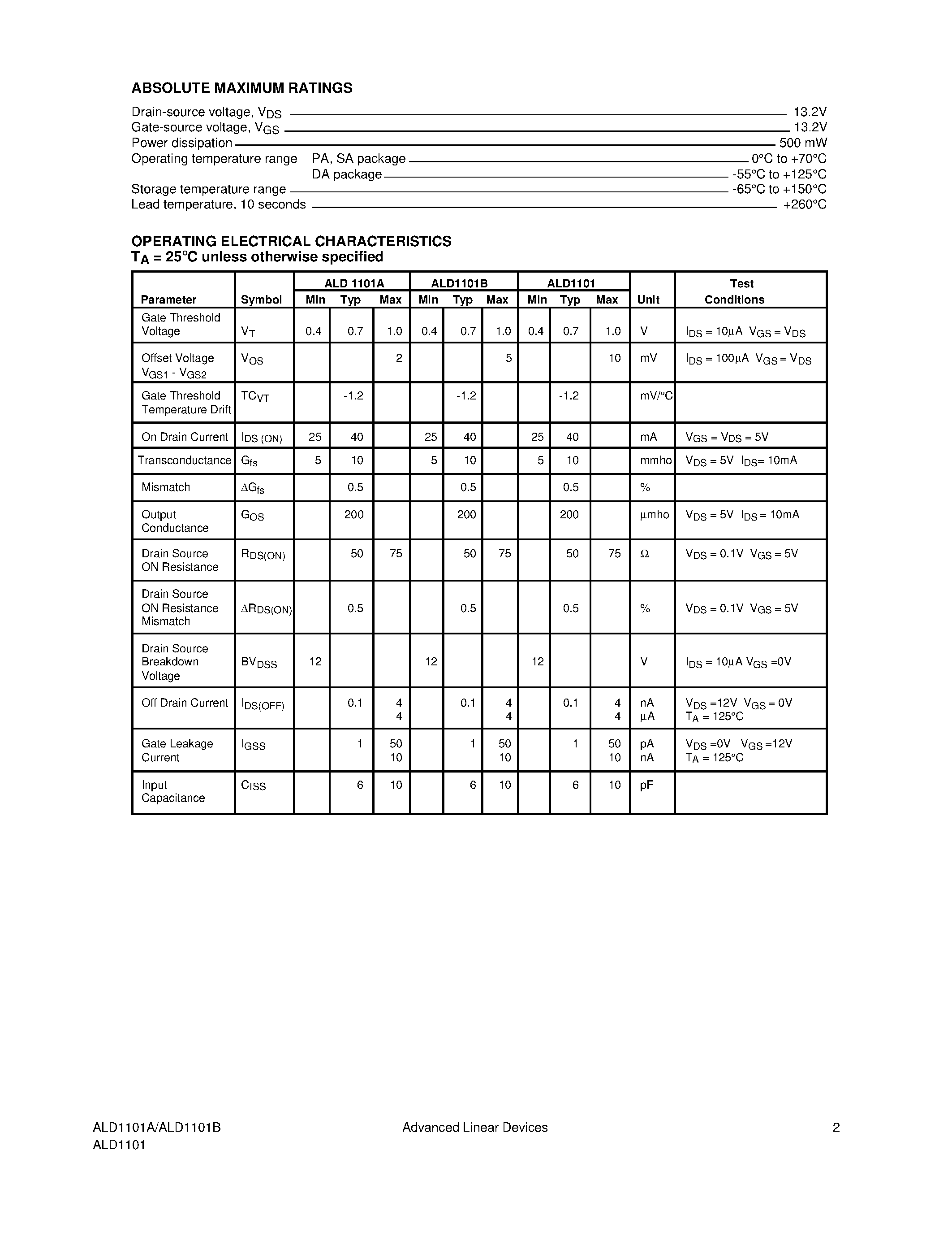 Datasheet ALD1101PA - DUAL N-CHANNEL MATCHED MOSFET PAIR page 2