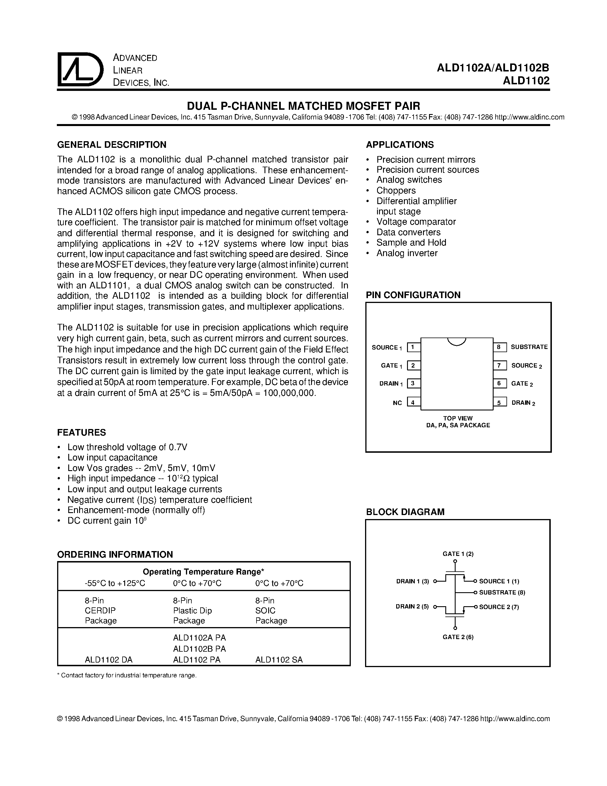 Datasheet ALD1102B - DUAL P-CHANNEL MATCHED MOSFET PAIR page 1