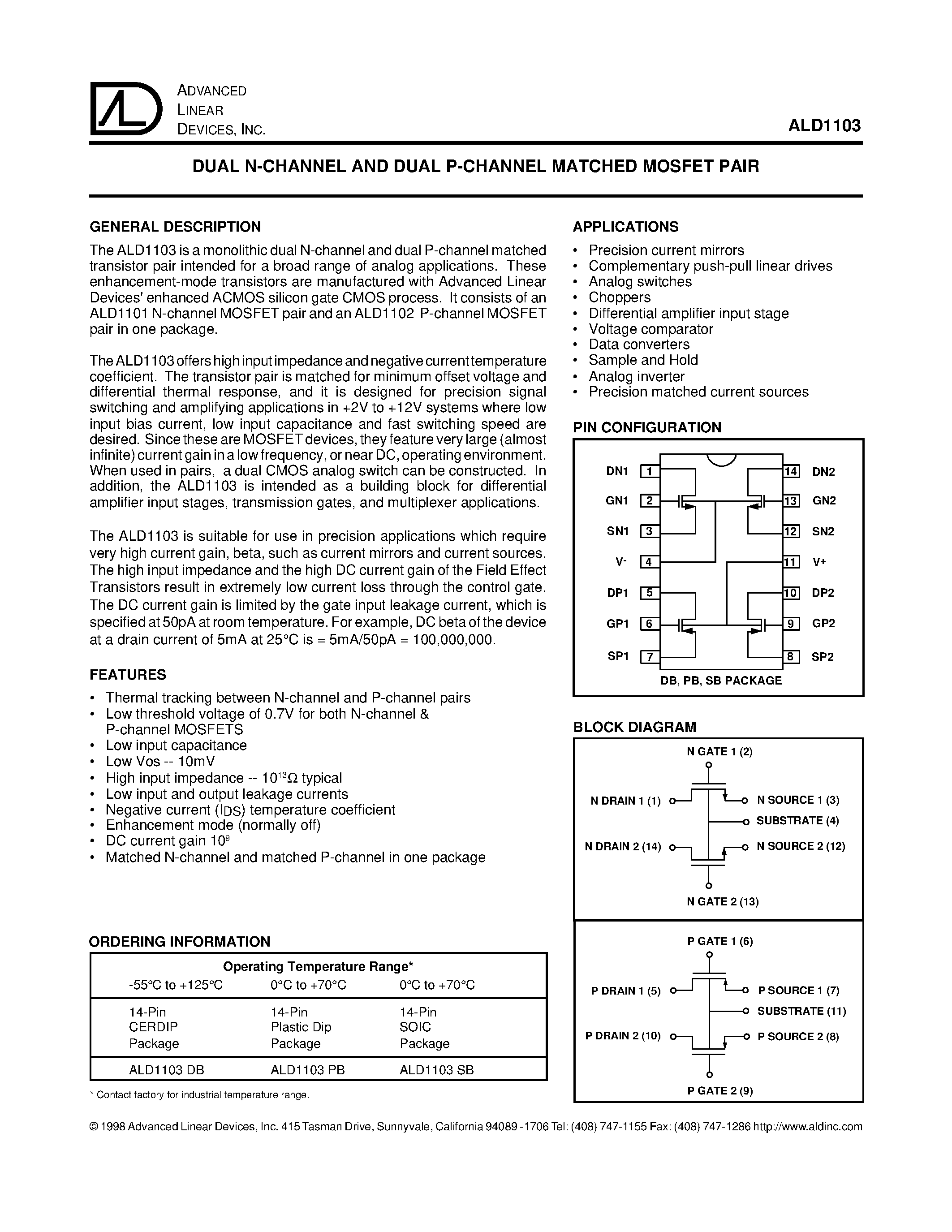 Datasheet ALD1103PB - DUAL N-CHANNEL AND DUAL P-CHANNEL MATCHED MOSFET PAIR page 1
