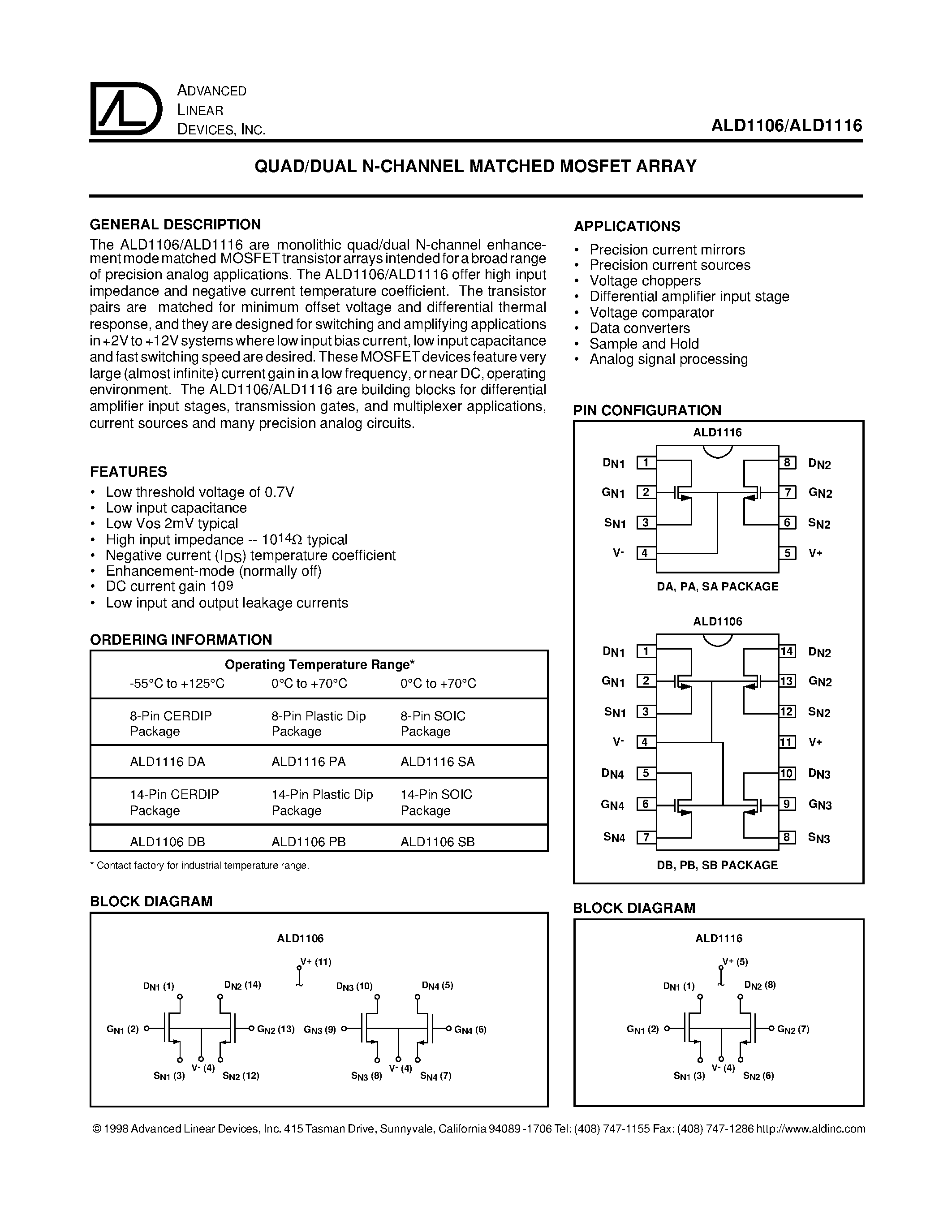 Datasheet ALD1106SB - QUAD/DUAL N-CHANNEL MATCHED MOSFET ARRAY page 1