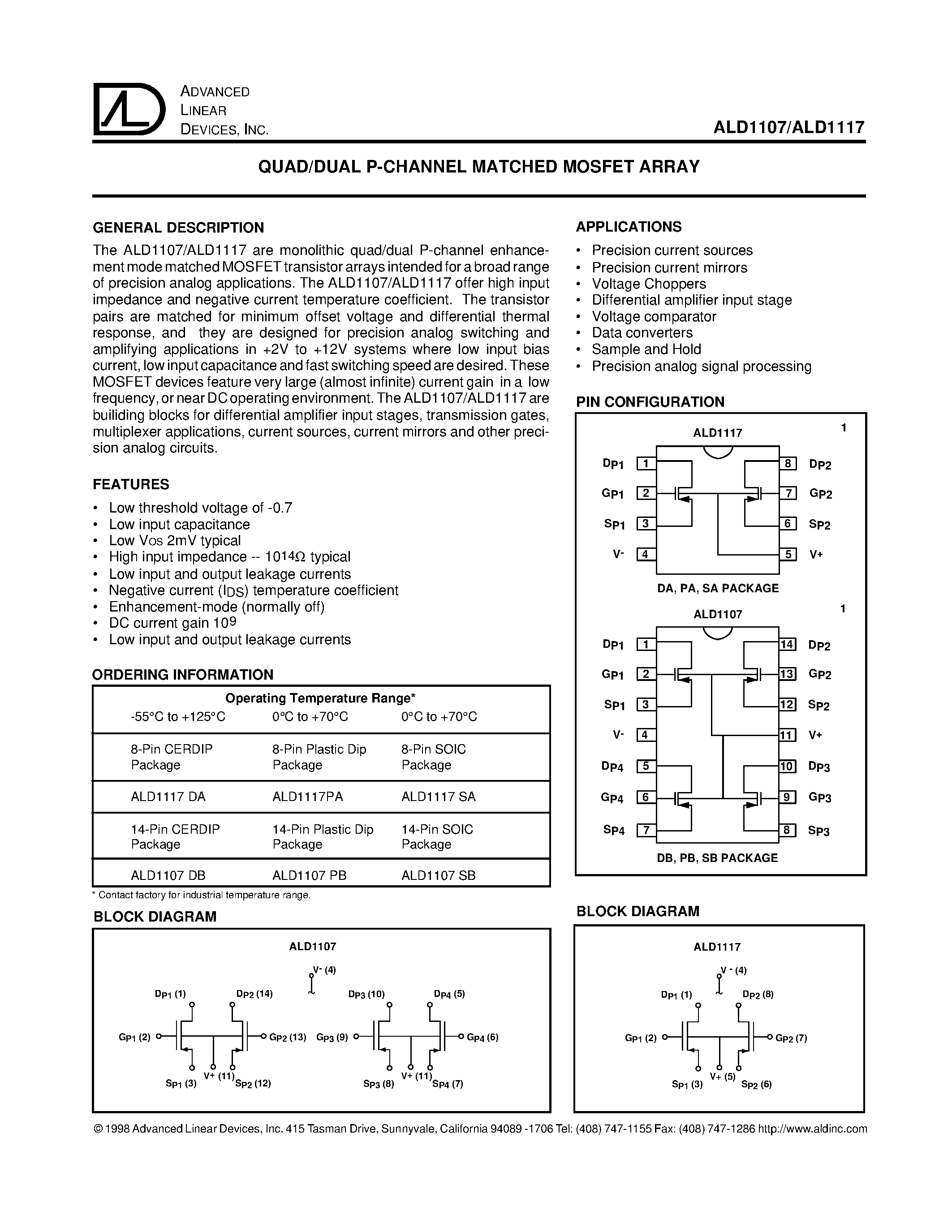 Datasheet ALD1107DB - QUAD/DUAL P-CHANNEL MATCHED MOSFET ARRAY page 1