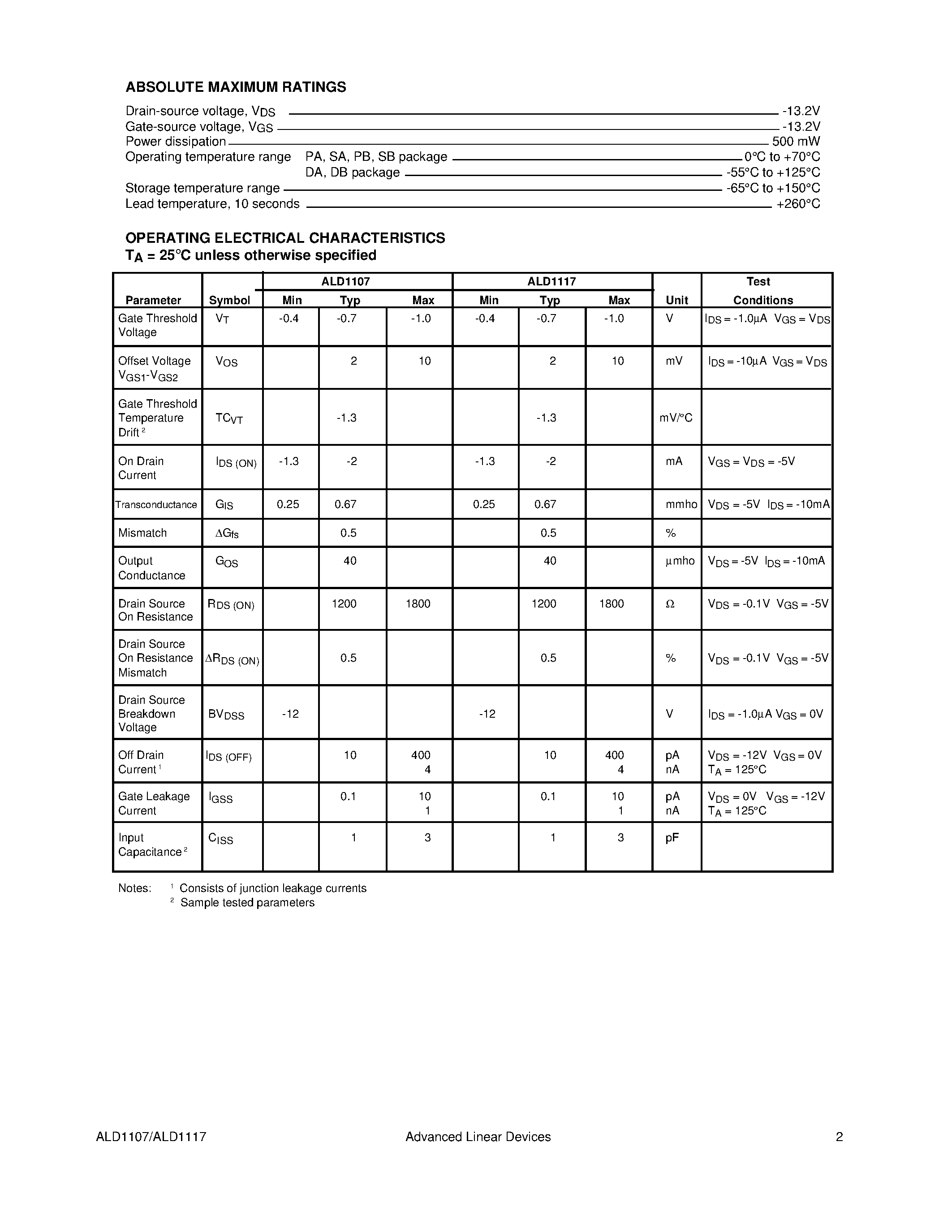 Datasheet ALD1107SB - QUAD/DUAL P-CHANNEL MATCHED MOSFET ARRAY page 2