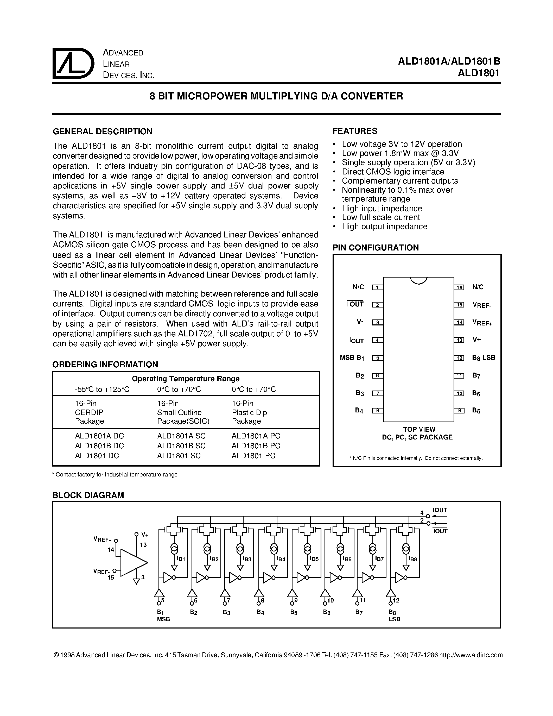 Datasheet ALD1801APC - 8 BIT MICROPOWER MULTIPLYING D/A CONVERTER page 1