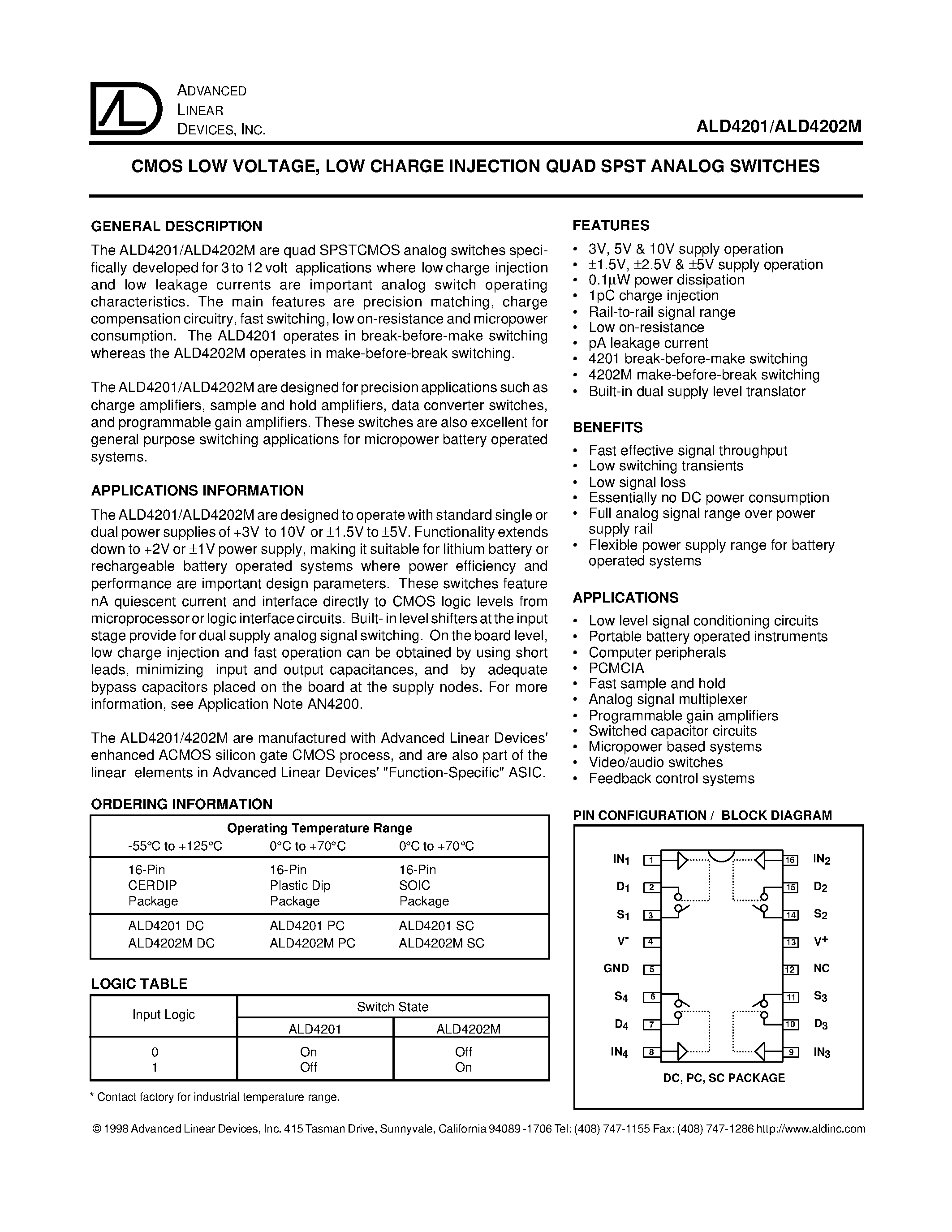 Даташит ALD4202MSC - CMOS LOW VOLTAGE/ LOW CHARGE INJECTION QUAD SPST ANALOG SWITCHES страница 1