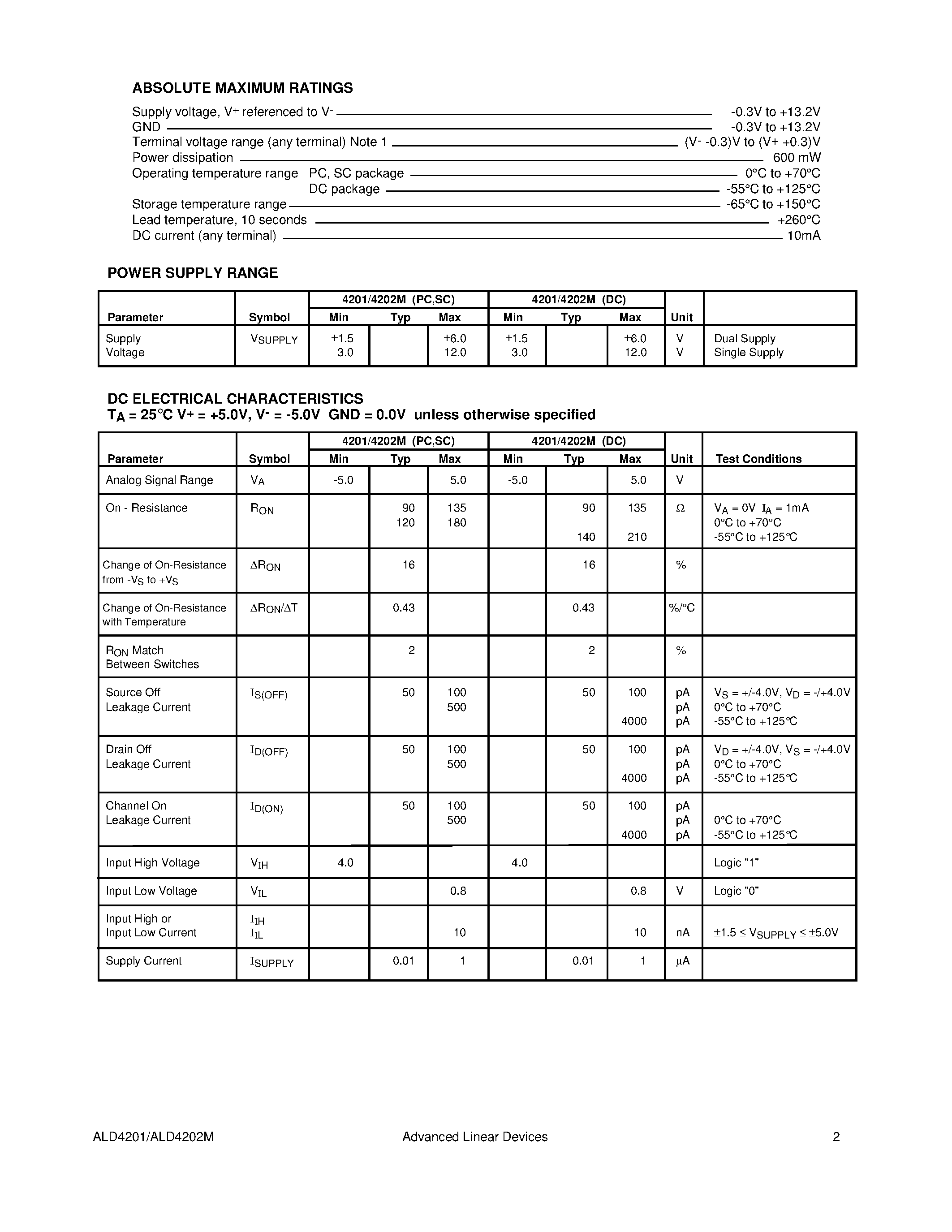 Даташит ALD4202MSC - CMOS LOW VOLTAGE/ LOW CHARGE INJECTION QUAD SPST ANALOG SWITCHES страница 2