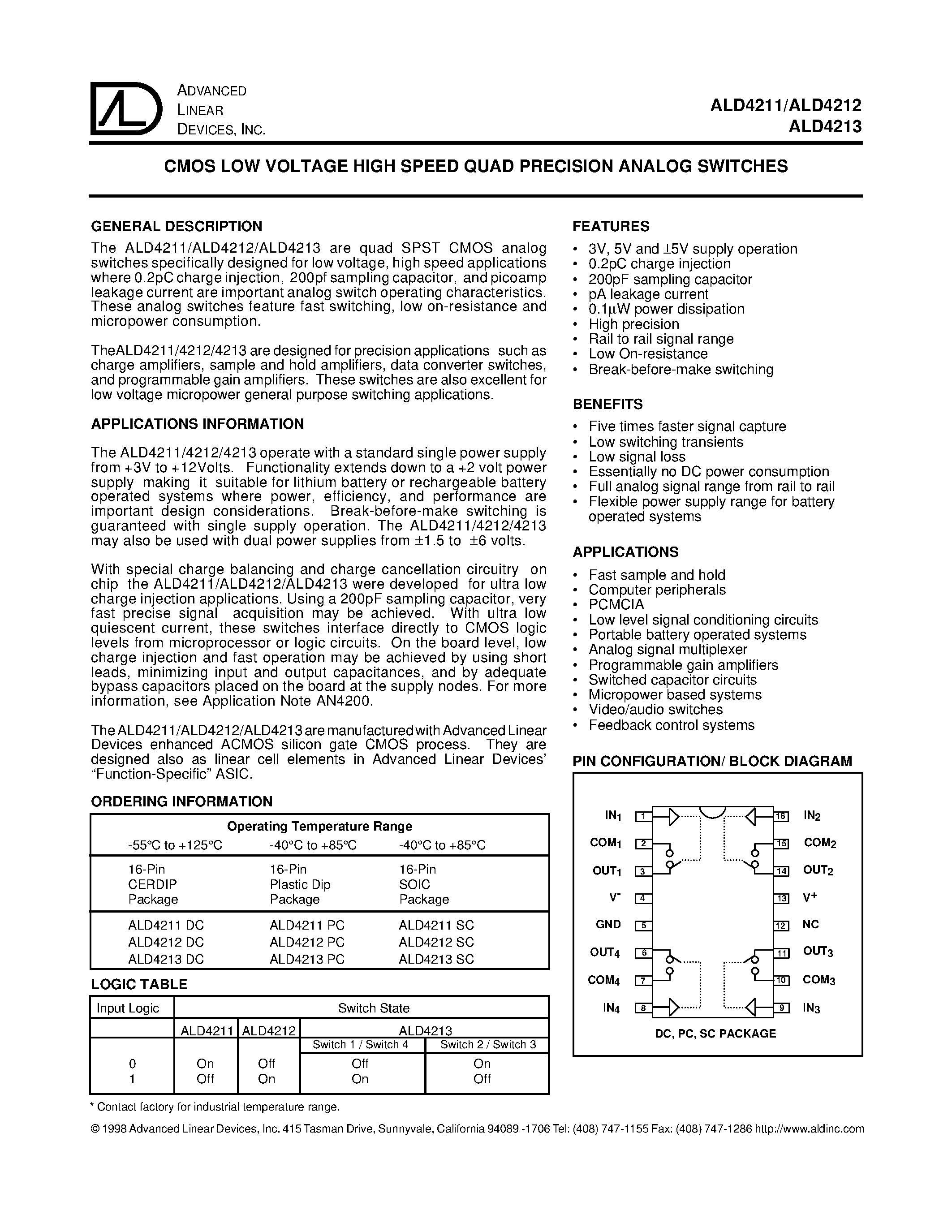 Даташит ALD4211 - CMOS LOW VOLTAGE HIGH SPEED QUAD PRECISION ANALOG SWITCHES страница 1