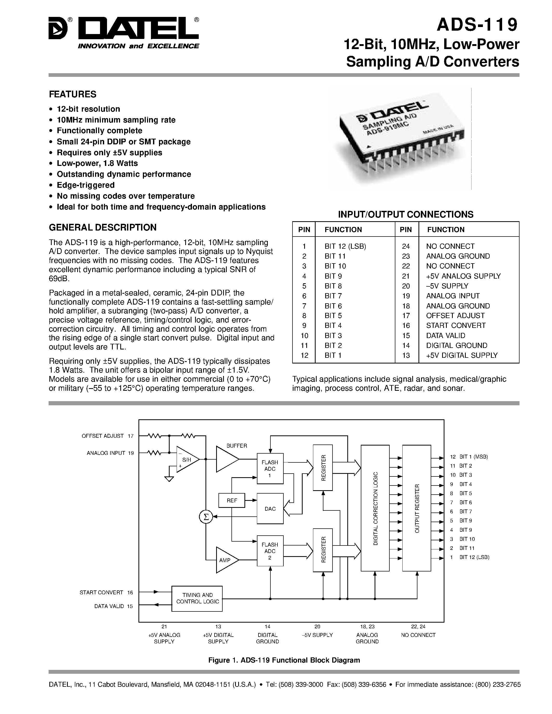 Datasheet ADS-119MM - 12-Bit/ 10MHz/ Low-Power Sampling A/D Converters page 1