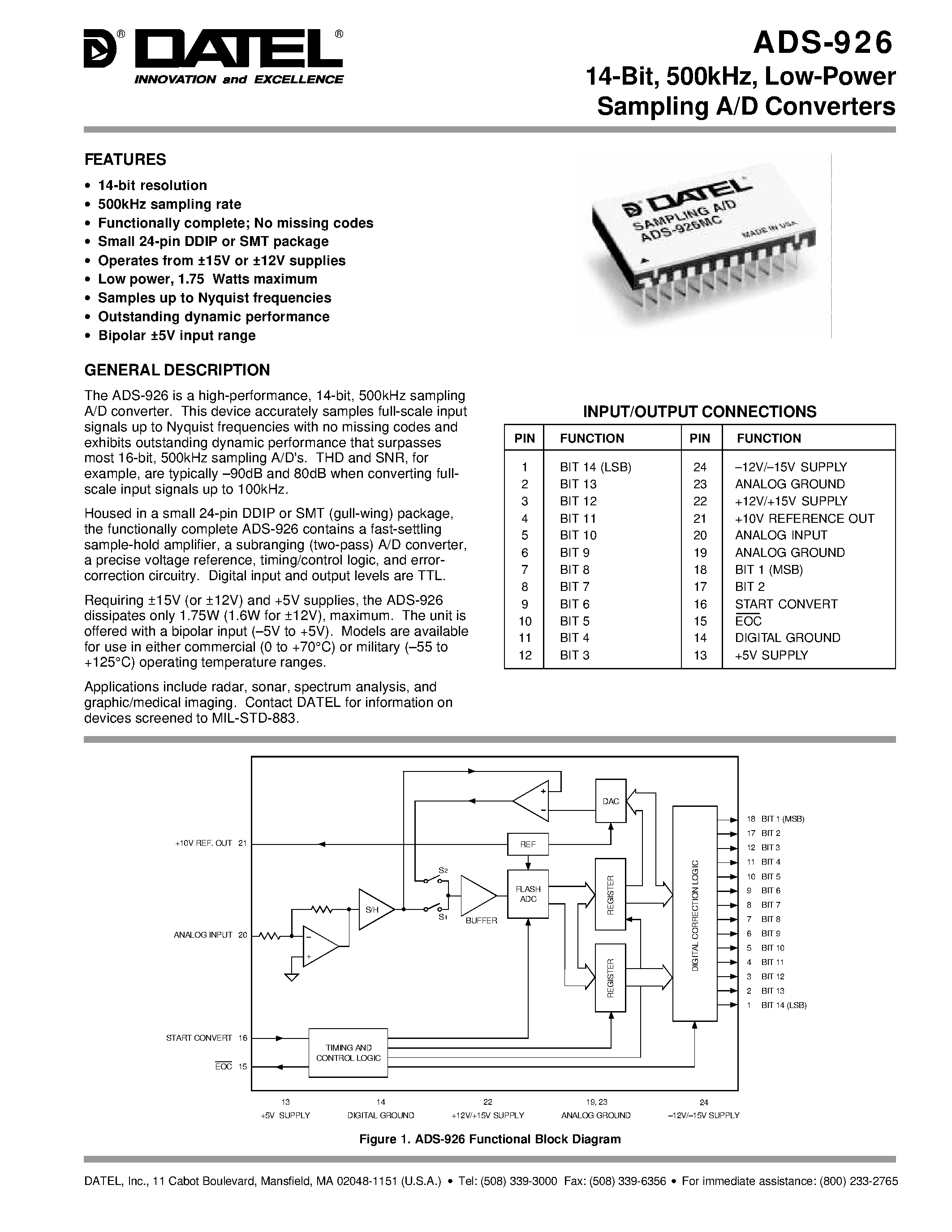 Datasheet ADS-916MM - 14-Bit/ 500kHz/ Low-Power Sampling A/D Converters page 1