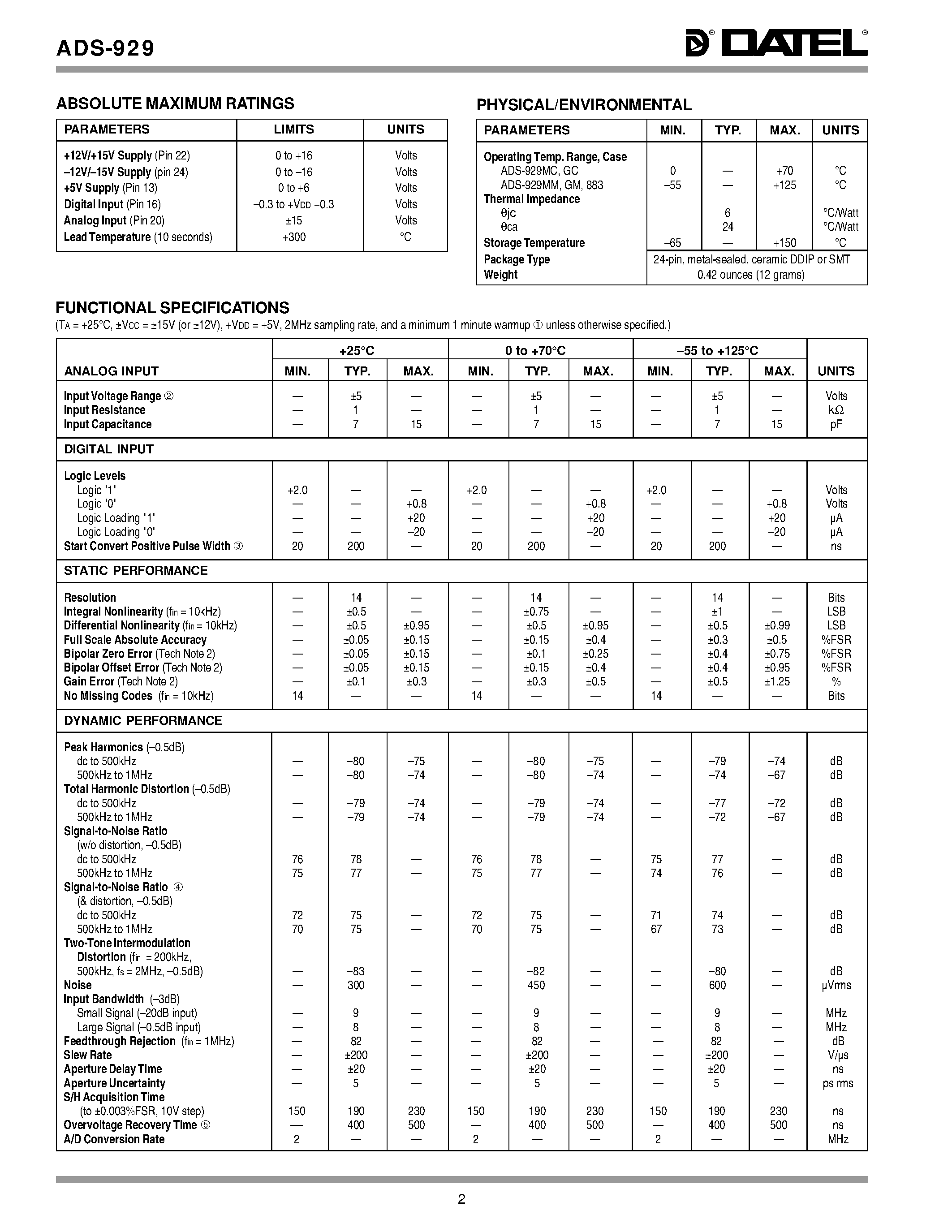 Datasheet ADS-919GC - 14-Bit/ 2MHz/ Low-Power Sampling A/D Converters page 2