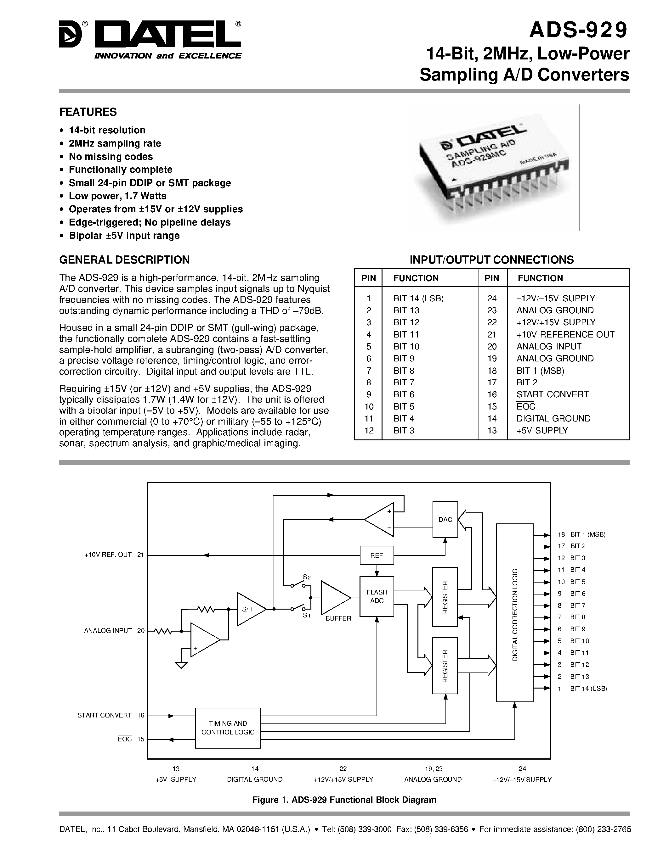 Datasheet ADS-929GC - 14-Bit/ 2MHz/ Low-Power Sampling A/D Converters page 1
