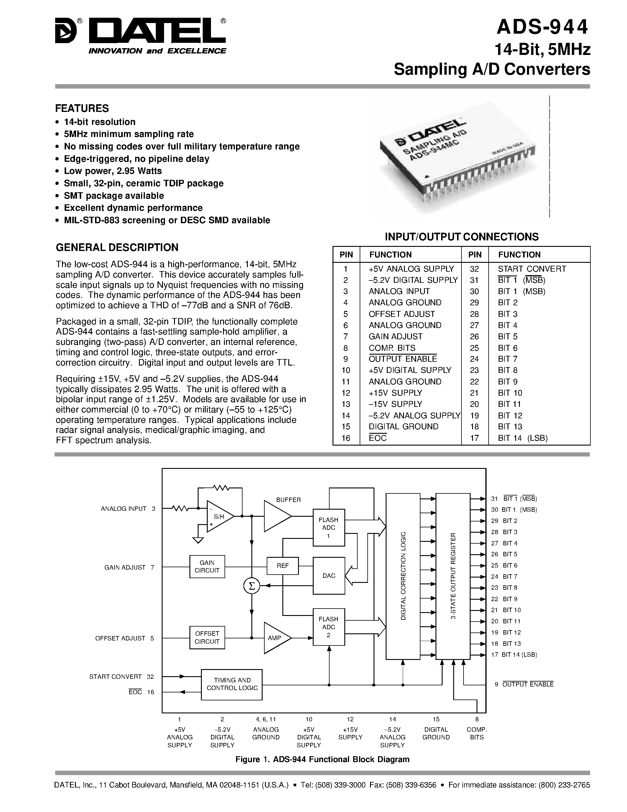 Datasheet ADS-944MM - 14-Bit/ 5MHz Sampling A/D Converters page 1