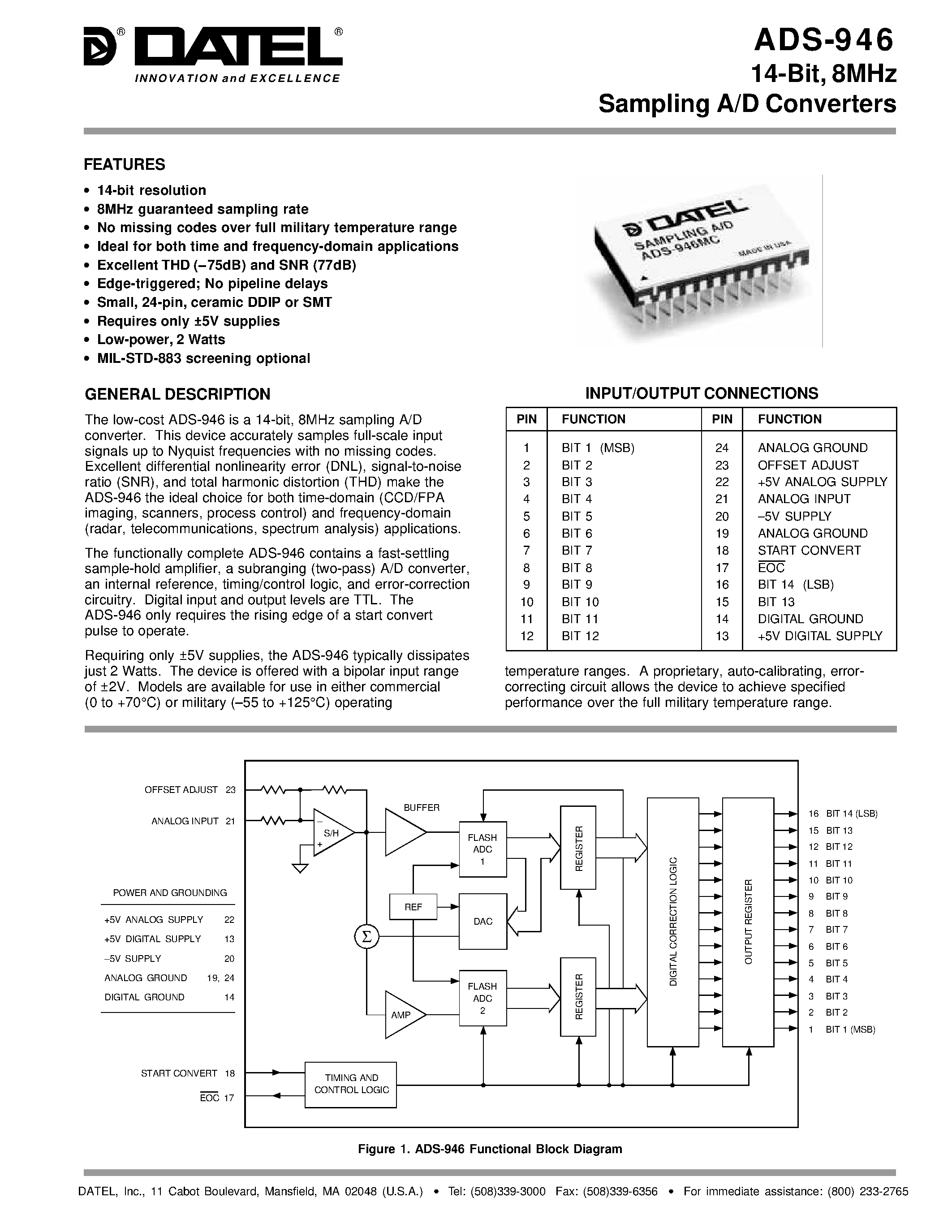 Datasheet ADS-946MM - ADS-946 14-Bit/ 8MHz Sampling A/D Converters page 1