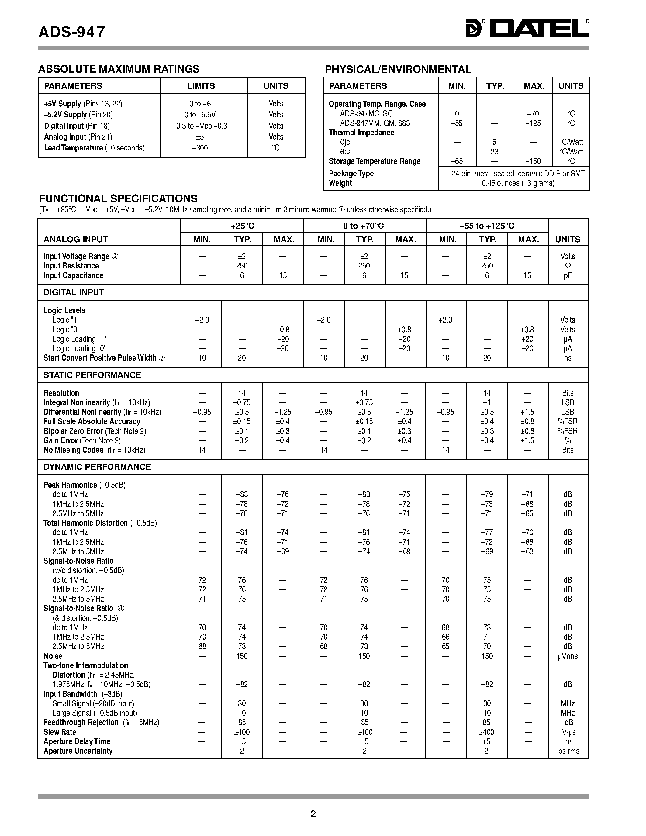 Datasheet ADS-947MC - 14-Bit/ 10MHz Sampling A/D Converters page 2