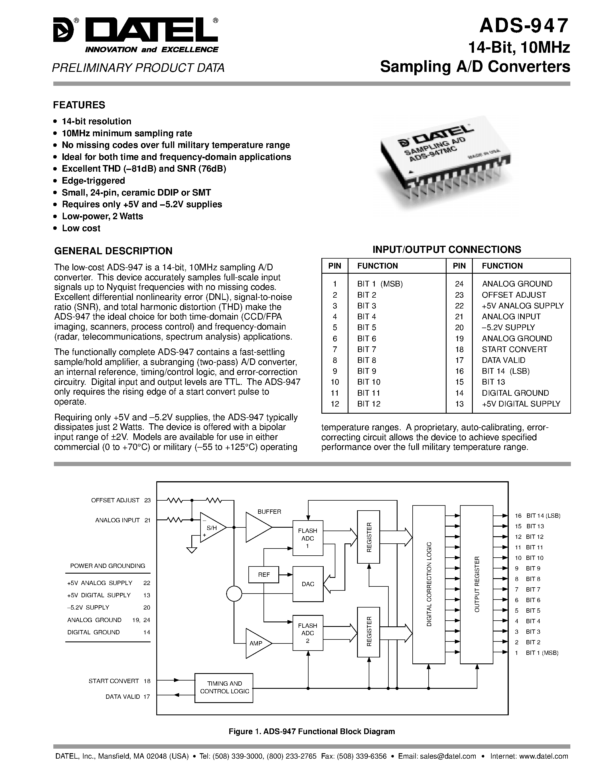 Datasheet ADS-947MM - 14-Bit/ 10MHz Sampling A/D Converters page 1