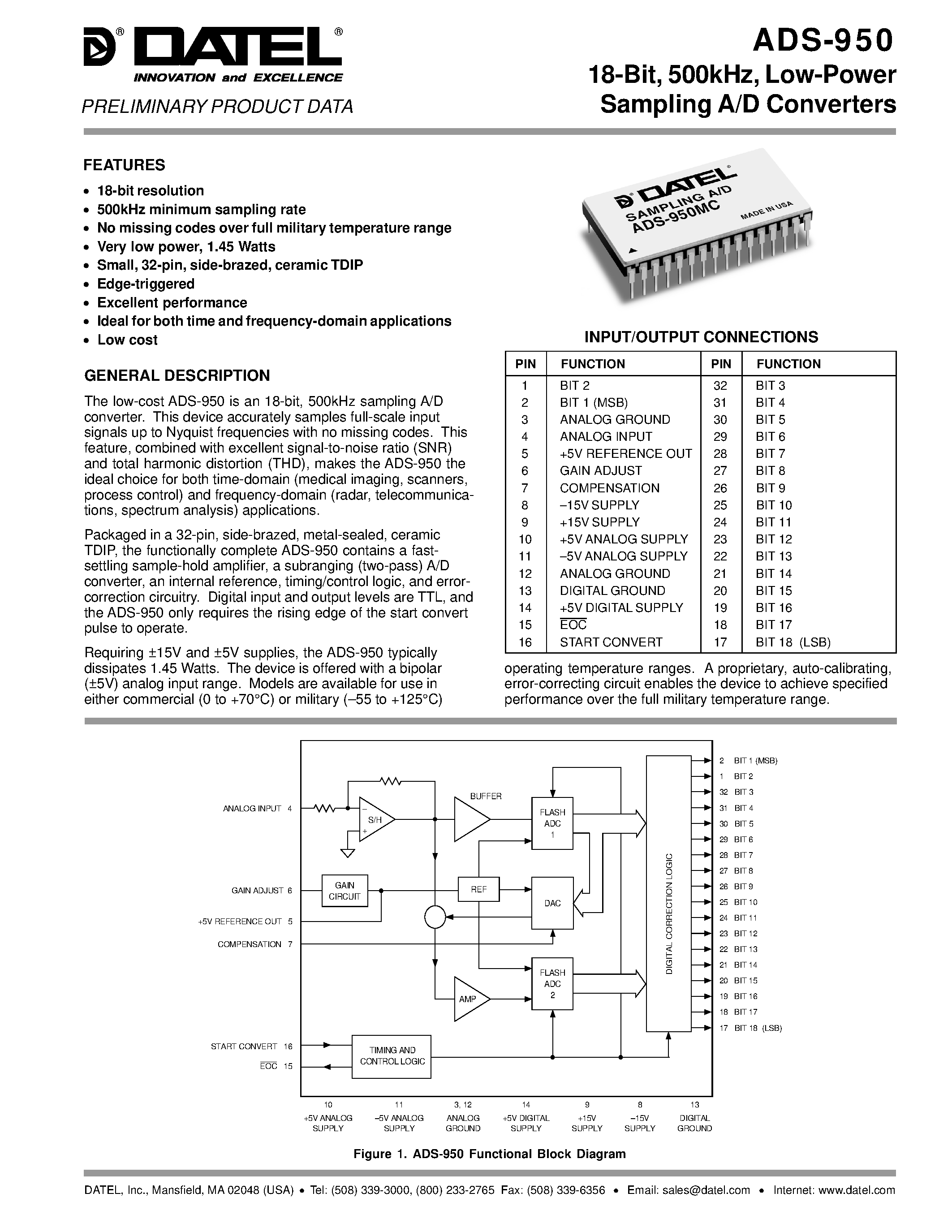 Datasheet ADS-950MC - 18-Bit/ 500kHz/ Low-Power Sampling A/D Converters page 1