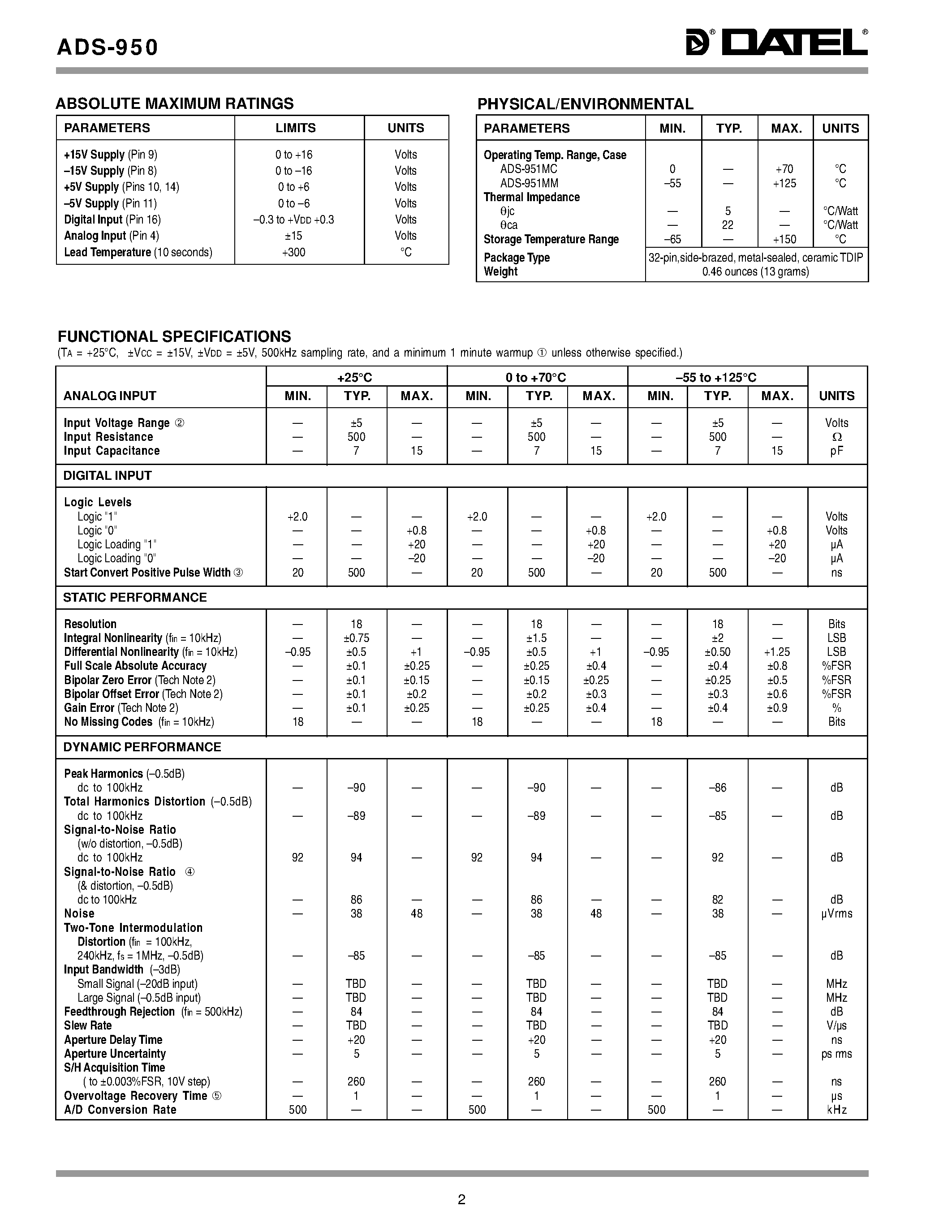 Datasheet ADS-950MM - 18-Bit/ 500kHz/ Low-Power Sampling A/D Converters page 2