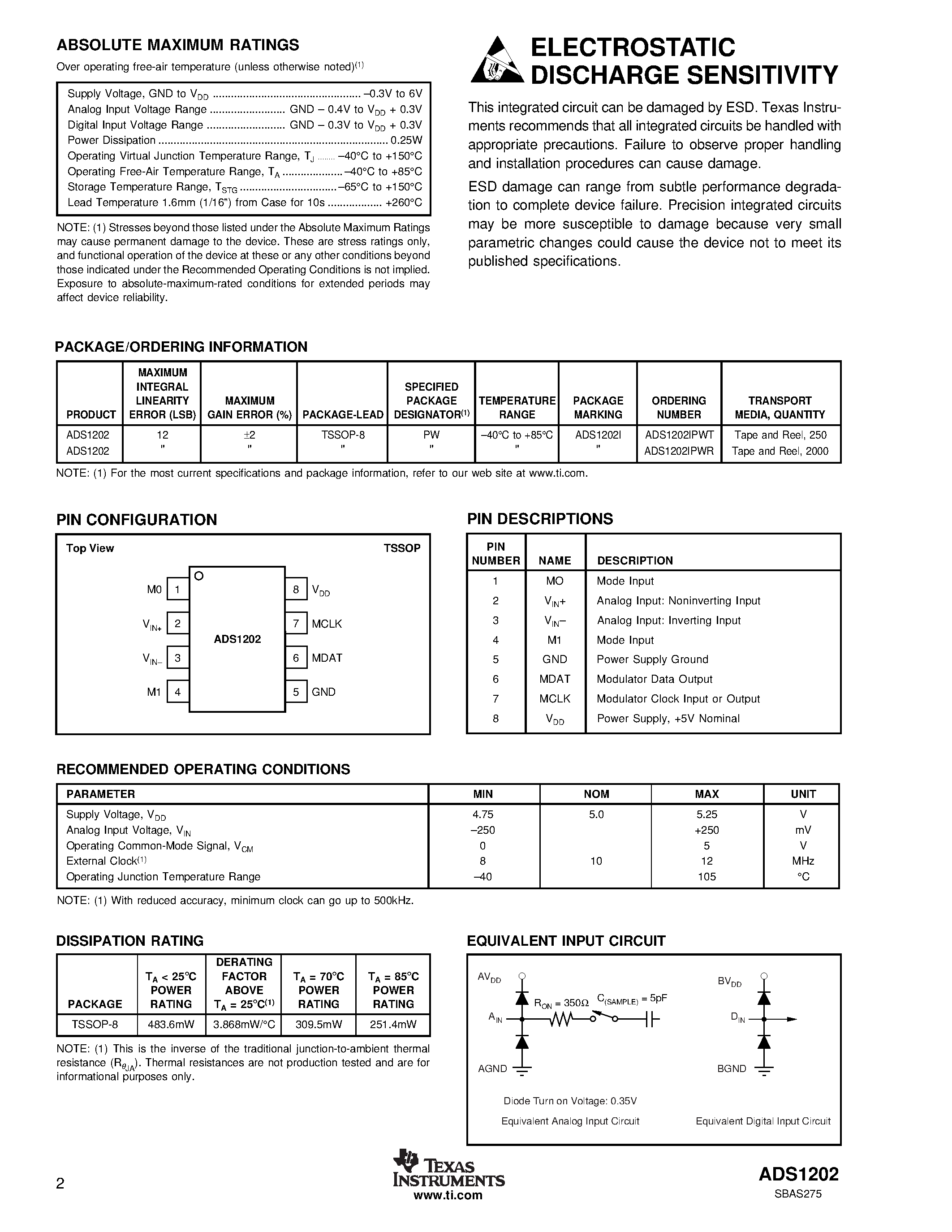Даташит на микросхему ADS1202IPWT страница 2 Даташит ADS1202IPWT - Motor Control Current Shunt 1-Bit/ 10MHz/ 2nd-Order/ Delta-Sigma Modulator страница 2