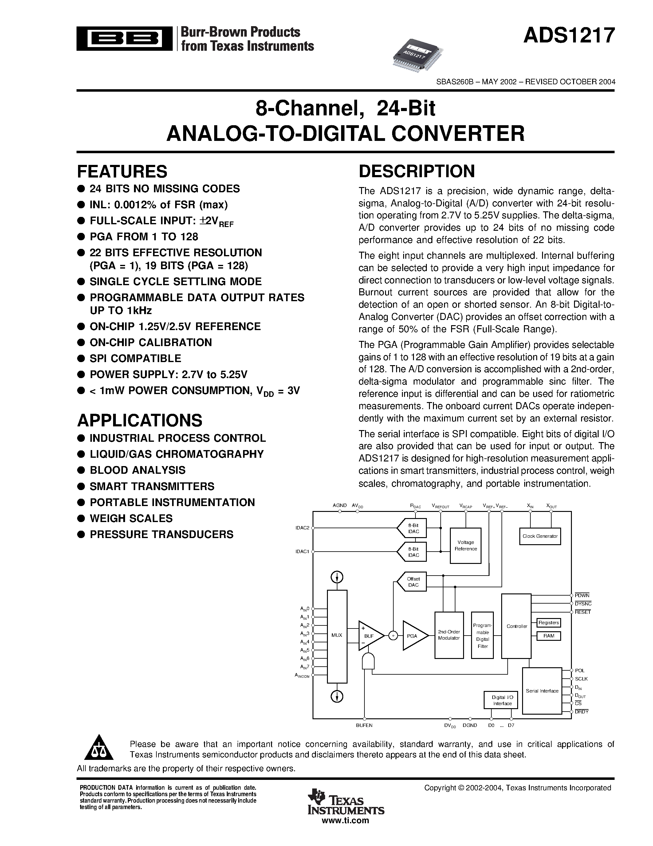 Даташит на микросхему ADS1217IPFBR страница 1 Даташит ADS1217IPFBR - 8-Channel/ 24-Bit ANALOG-TO-DIGITAL CONVERTER страница 1
