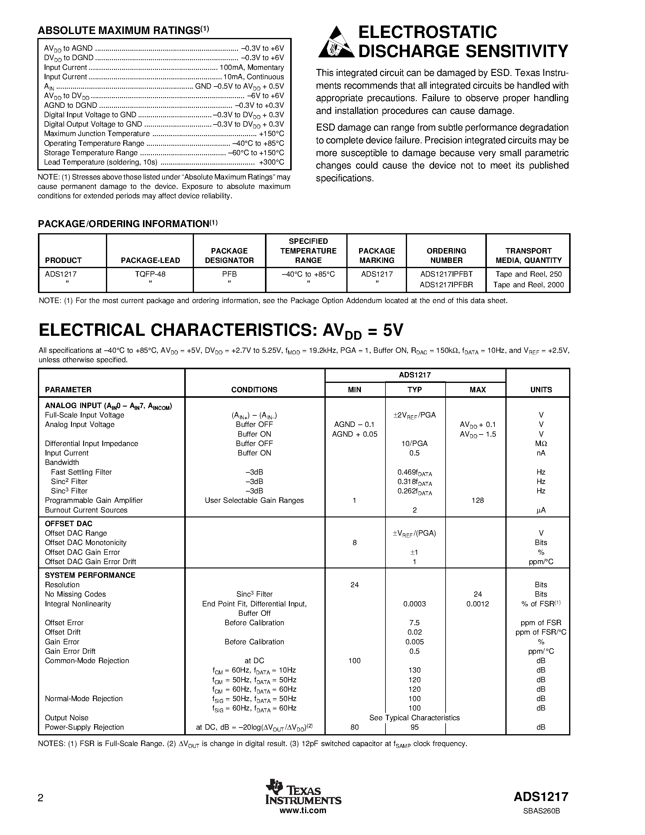 Даташит на микросхему ADS1217IPFBR страница 2 Даташит ADS1217IPFBR - 8-Channel/ 24-Bit ANALOG-TO-DIGITAL CONVERTER страница 2