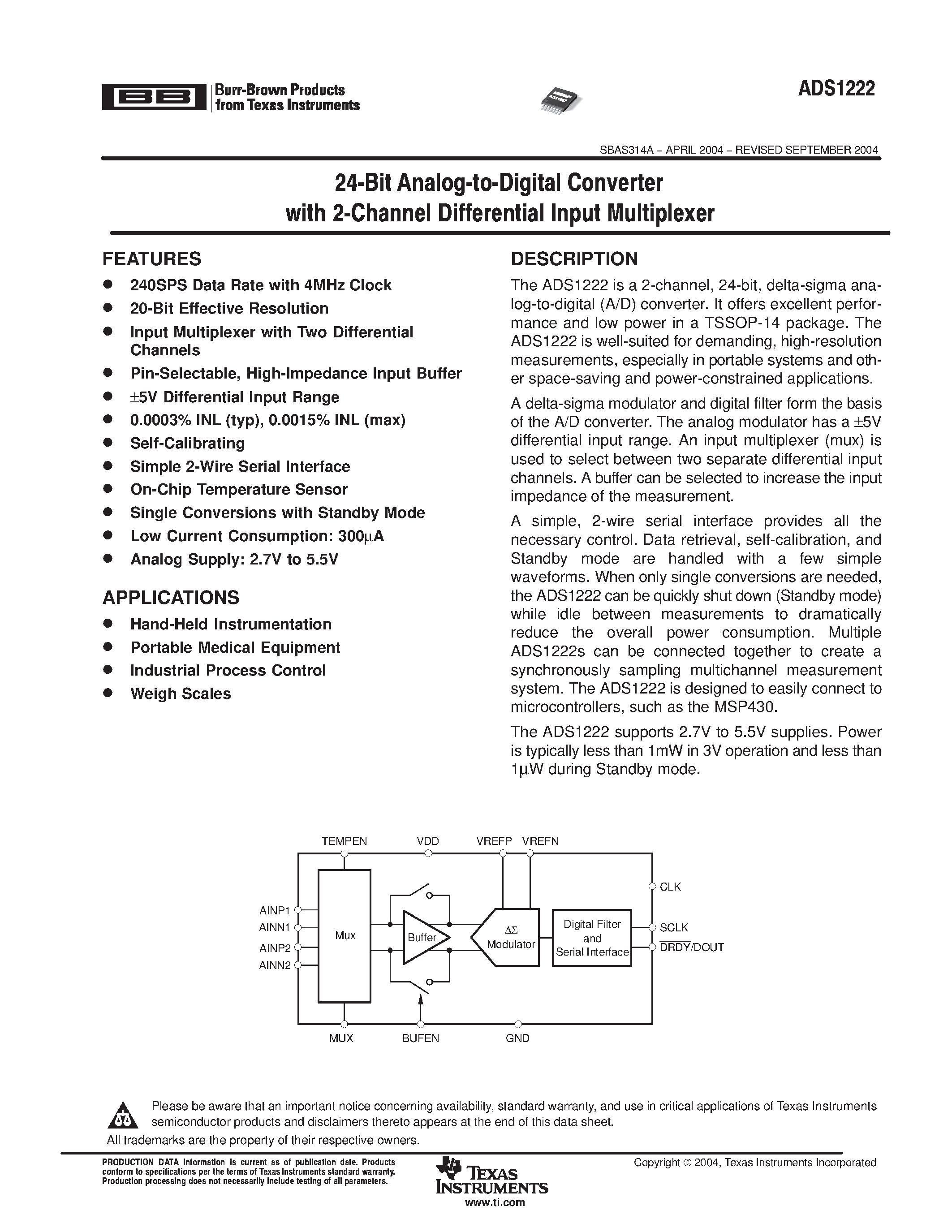 Даташит ADS1222 - 24 BIT ANALOG TO DIGITAL CONVERTER WITH 2-CHANNEL DIFFERENTIAL INPUT MULTIPLEXER страница 1