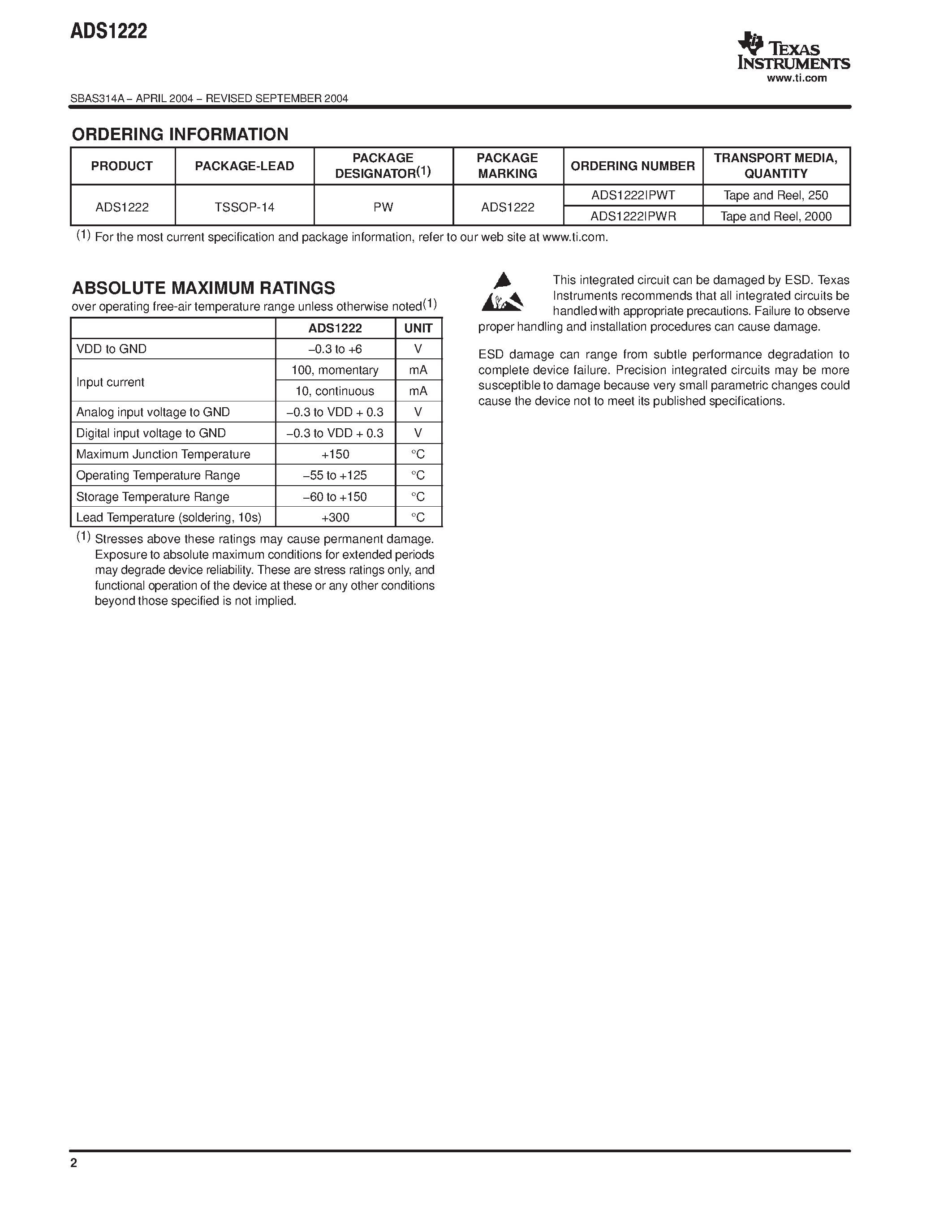 Даташит ADS1222IPWR - 24 BIT ANALOG TO DIGITAL CONVERTER WITH 2-CHANNEL DIFFERENTIAL INPUT MULTIPLEXER страница 2