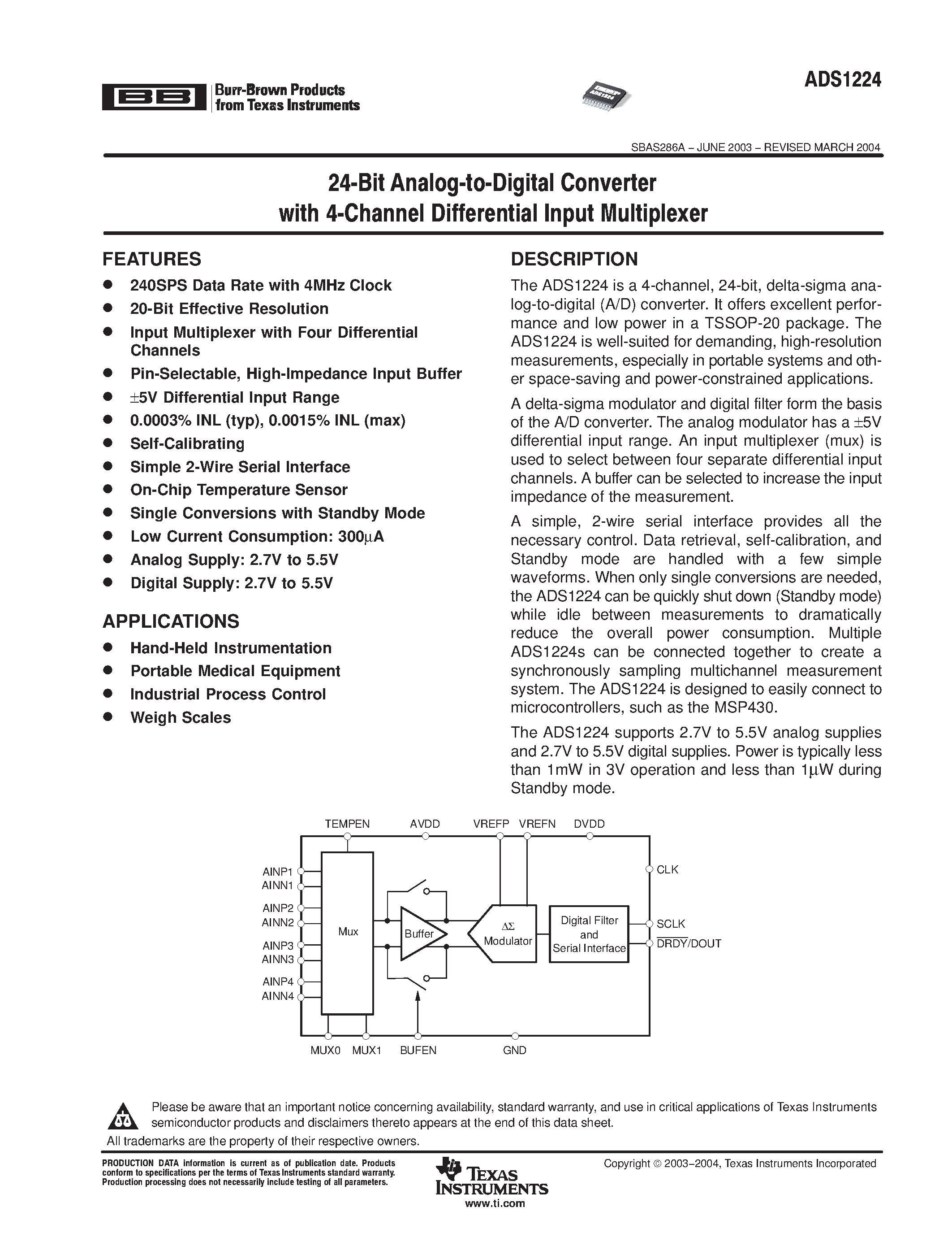 Datasheet ADS1224 - 24-Bit Analog-to-Digital Converter with 4-Channel Differential Input Multiplexer page 1