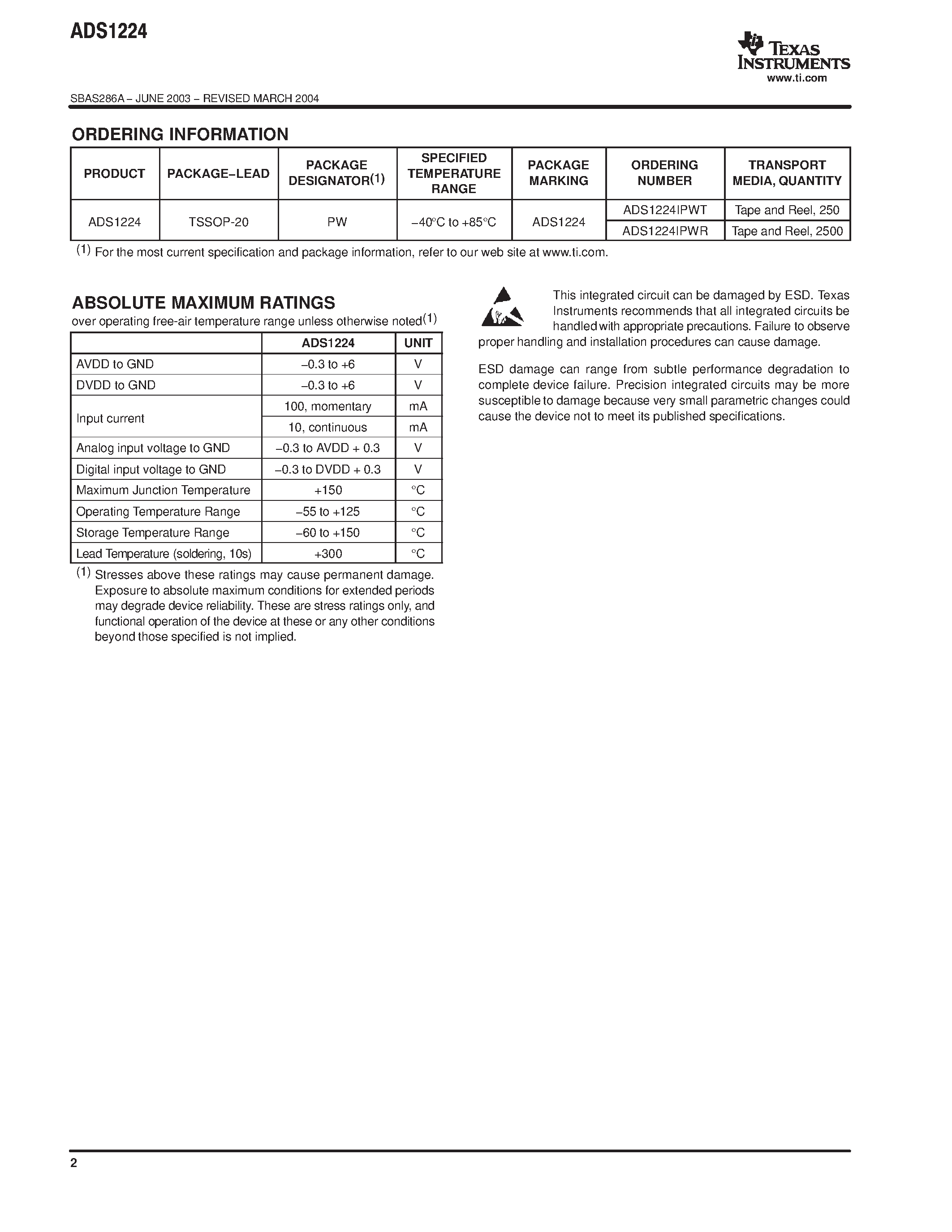 Datasheet ADS1224IPWT - 24-Bit Analog-to-Digital Converter with 4-Channel Differential Input Multiplexer page 2