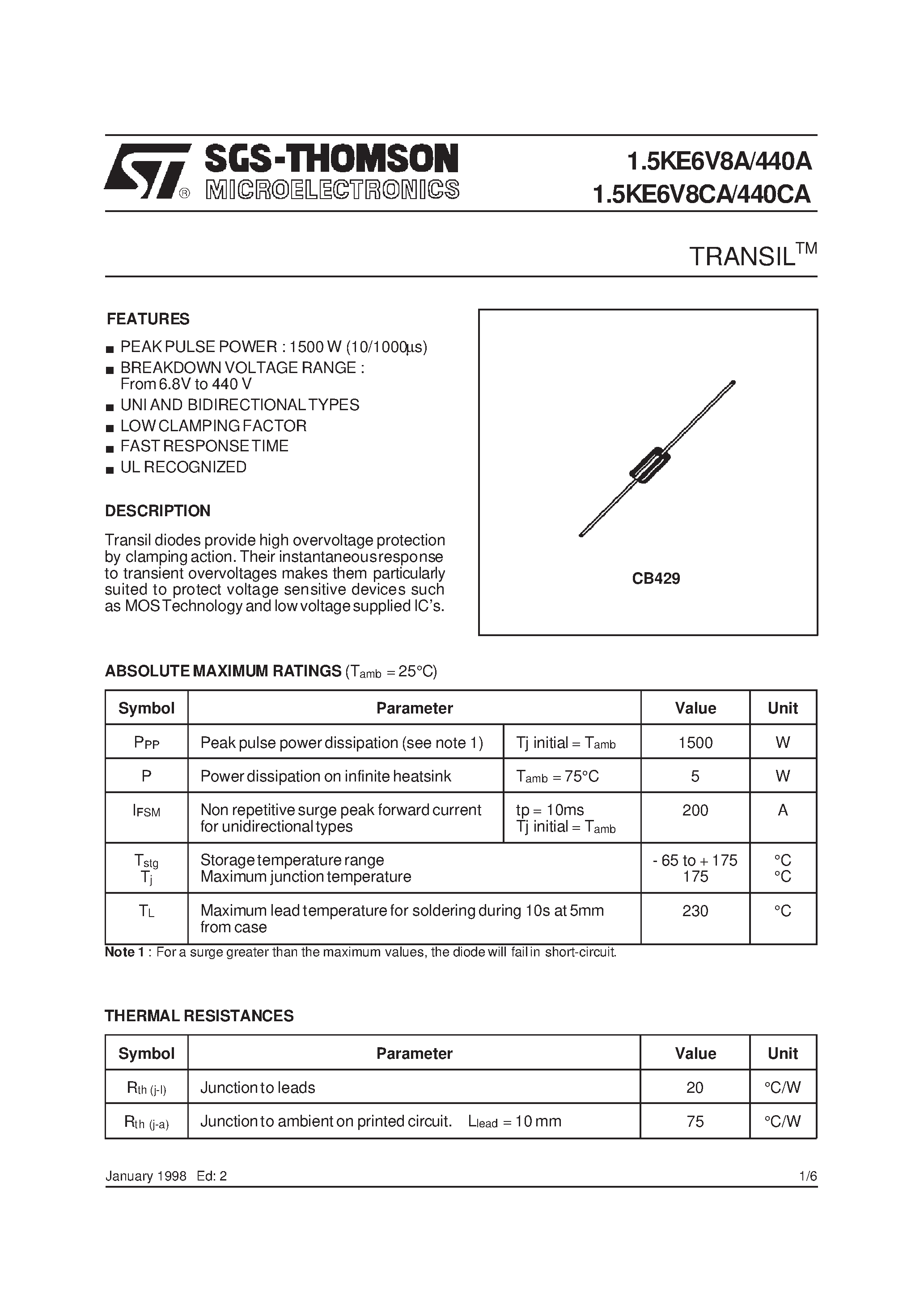 Datasheet 1.5KE10A - TRANSILTM page 1