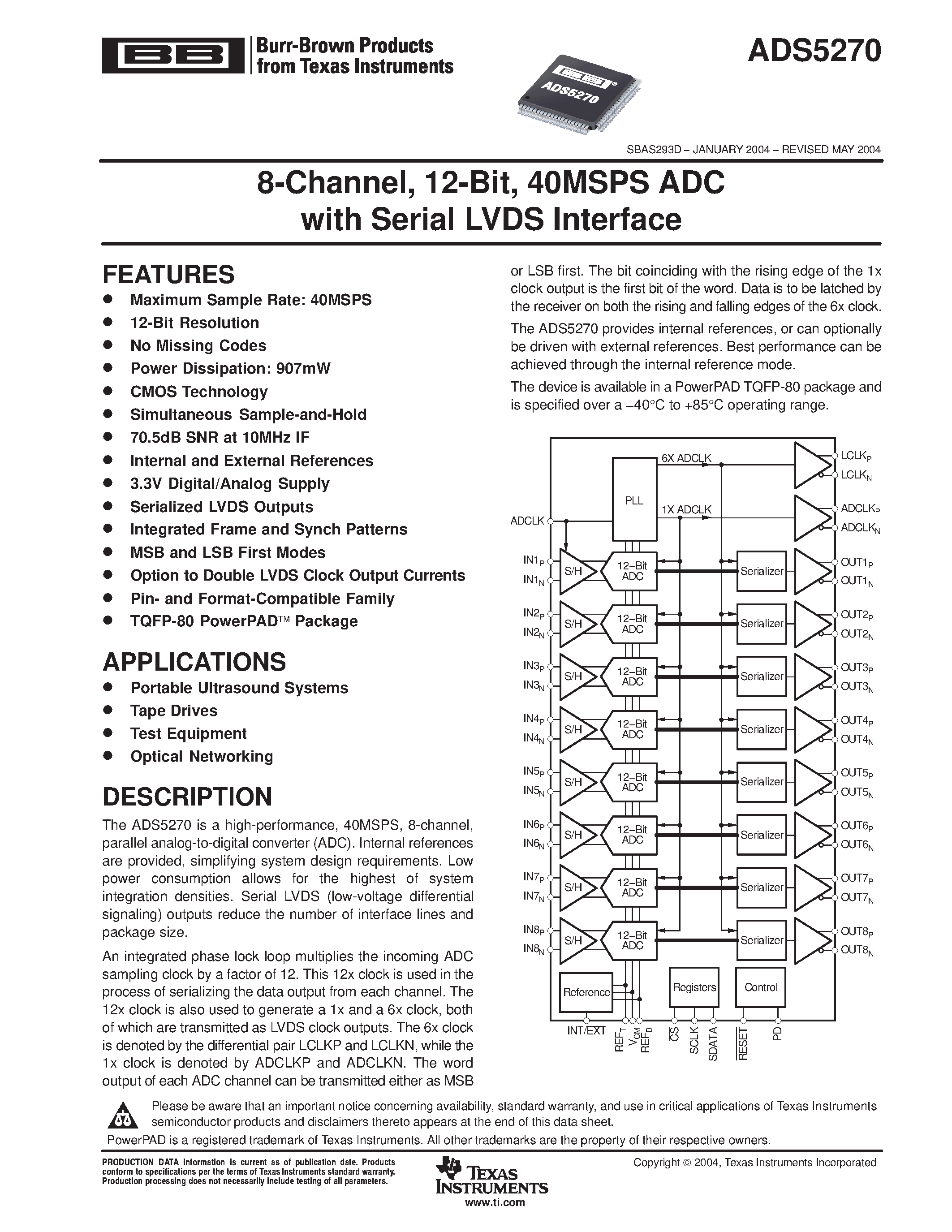 Datasheet ADS5270 - 8-Channel/ 12-Bit/ 40MSPS ADC with Serial LVDS Interface page 1