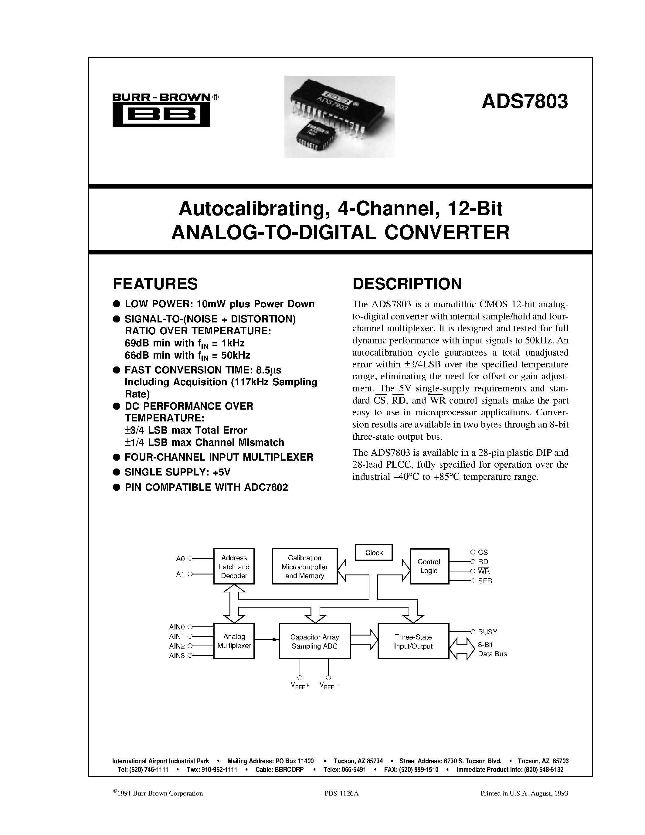 Datasheet ADS7803BN - Autocalibrating/ 4-Channel/ 12-Bit ANALOG-TO-DIGITAL CONVERTER page 1