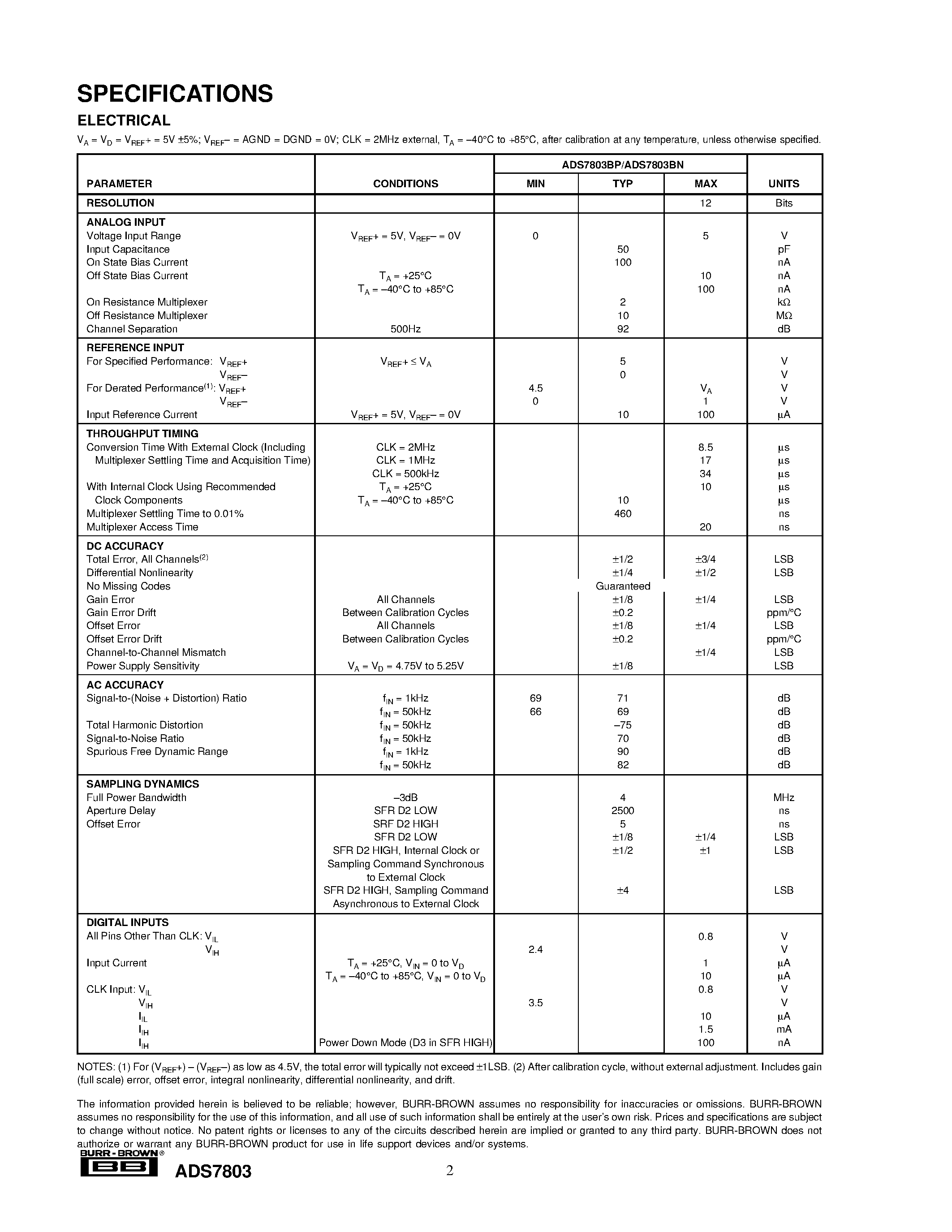 Datasheet ADS7803BP - Autocalibrating/ 4-Channel/ 12-Bit ANALOG-TO-DIGITAL CONVERTER page 2