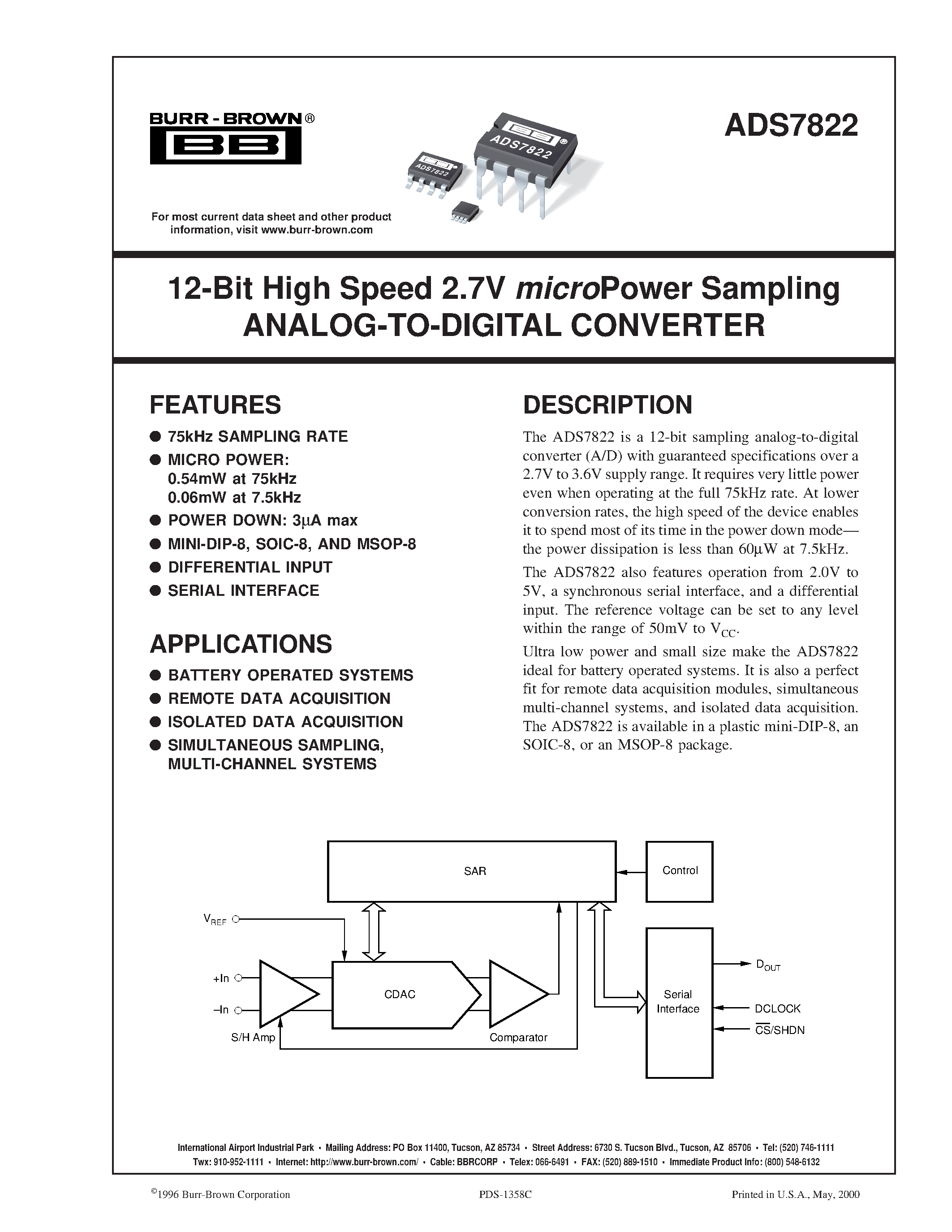 Даташит ADS7822 - 12-Bit High Speed 2.7V microPower Sampling ANALOG-TO-DIGITAL CONVERTER страница 1