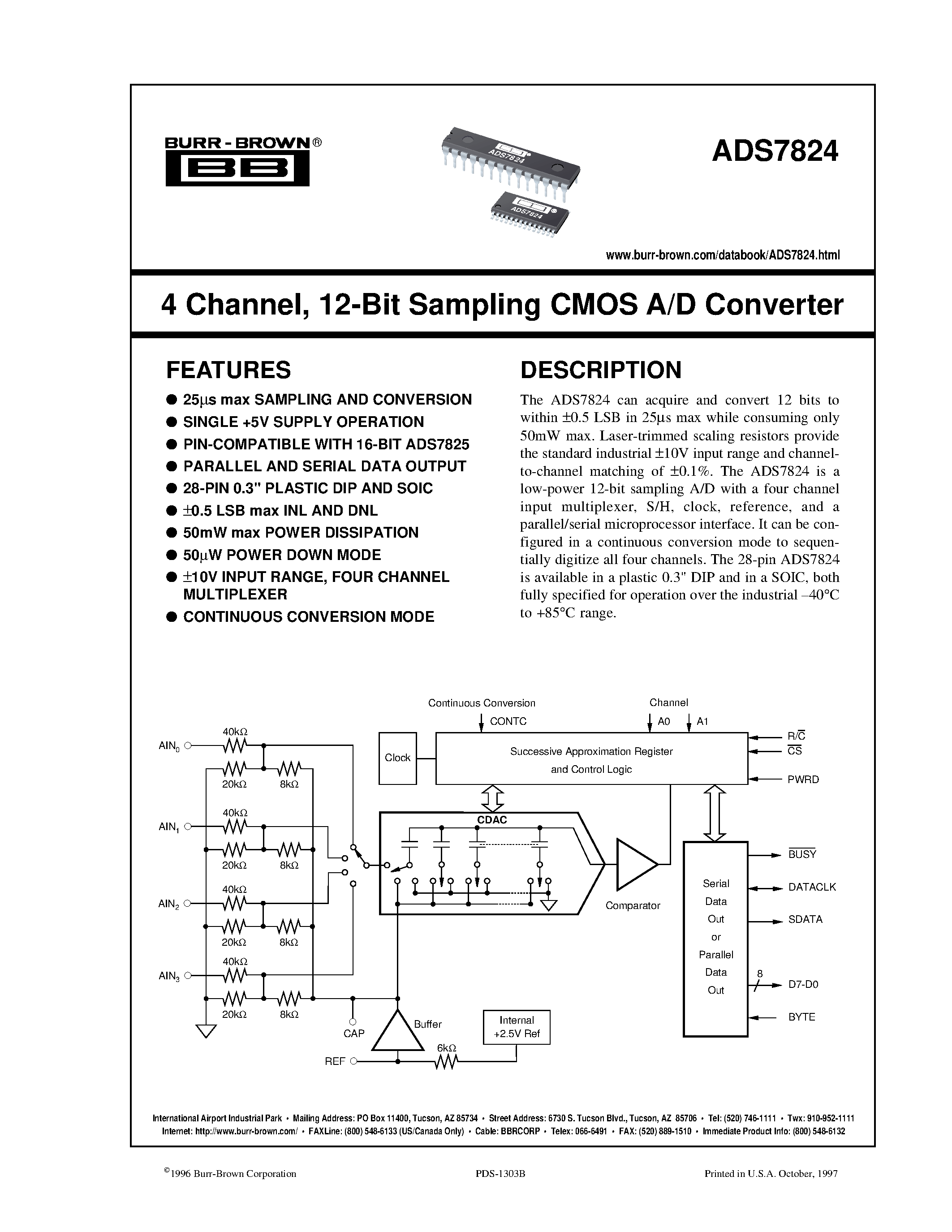 Datasheet ADS7824PB page 1 Datasheet ADS7824PB - 4 Channel/ 12-Bit Sampling CMOS A/D Converter page 1