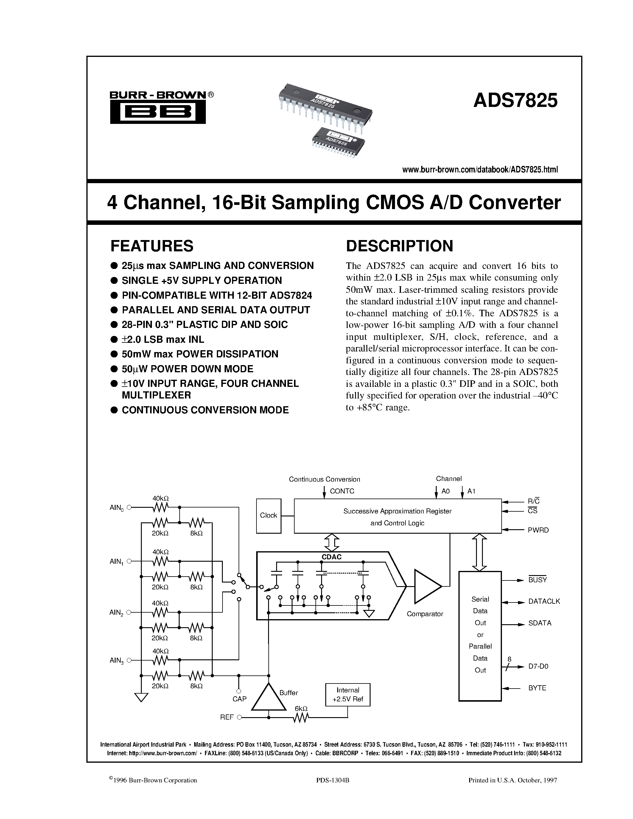 Datasheet ADS7825PB page 1 Datasheet ADS7825PB - 4 Channel/ 16-Bit Sampling CMOS A/D Converter page 1