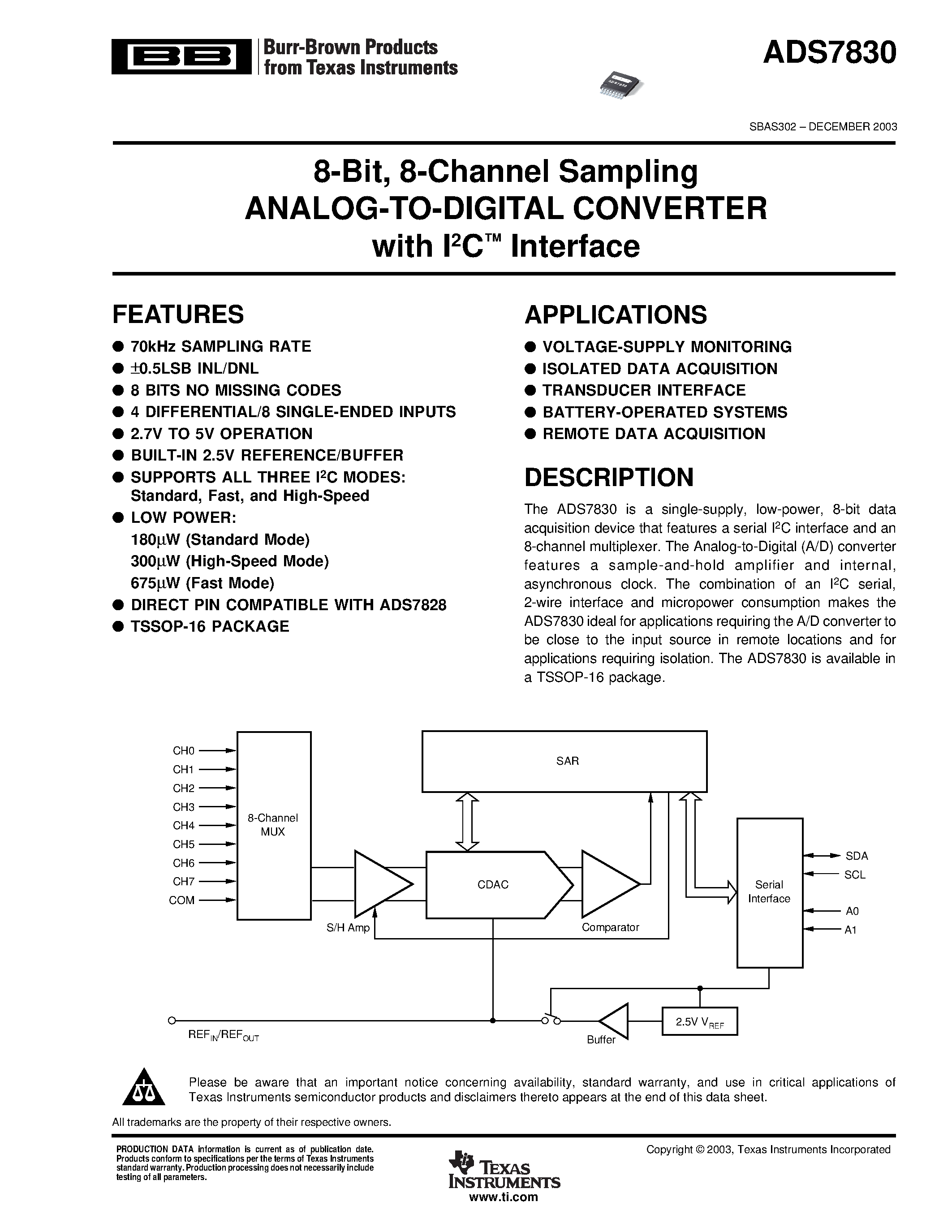 Datasheet ADS7830I - 8-Bit/ 8-Channel Sampling ANALOG-TO-DIGITAL CONVERTER with I2C Interface page 1