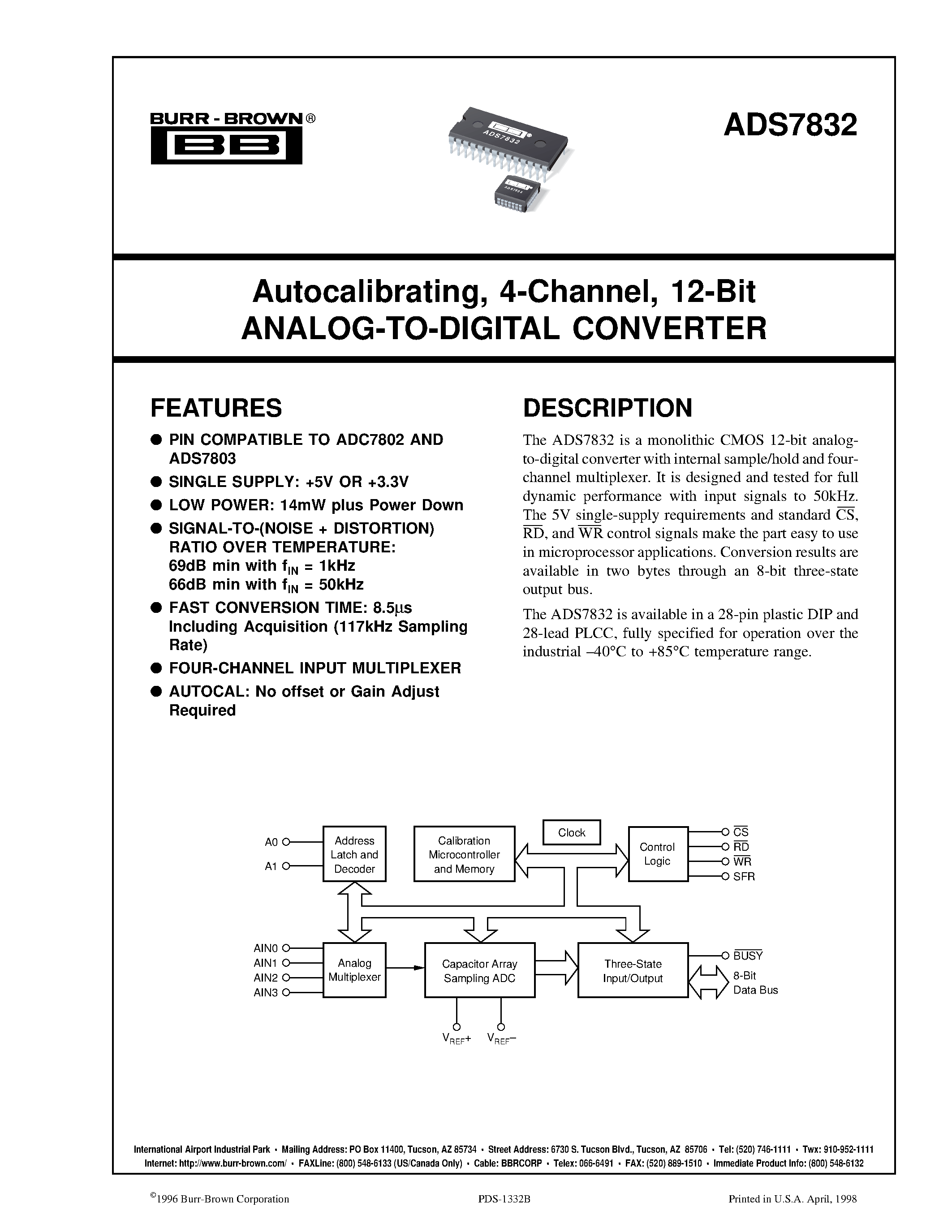 Datasheet ADS7832BP - Autocalibrating/ 4-Channel/ 12-Bit ANALOG-TO-DIGITAL CONVERTER page 1