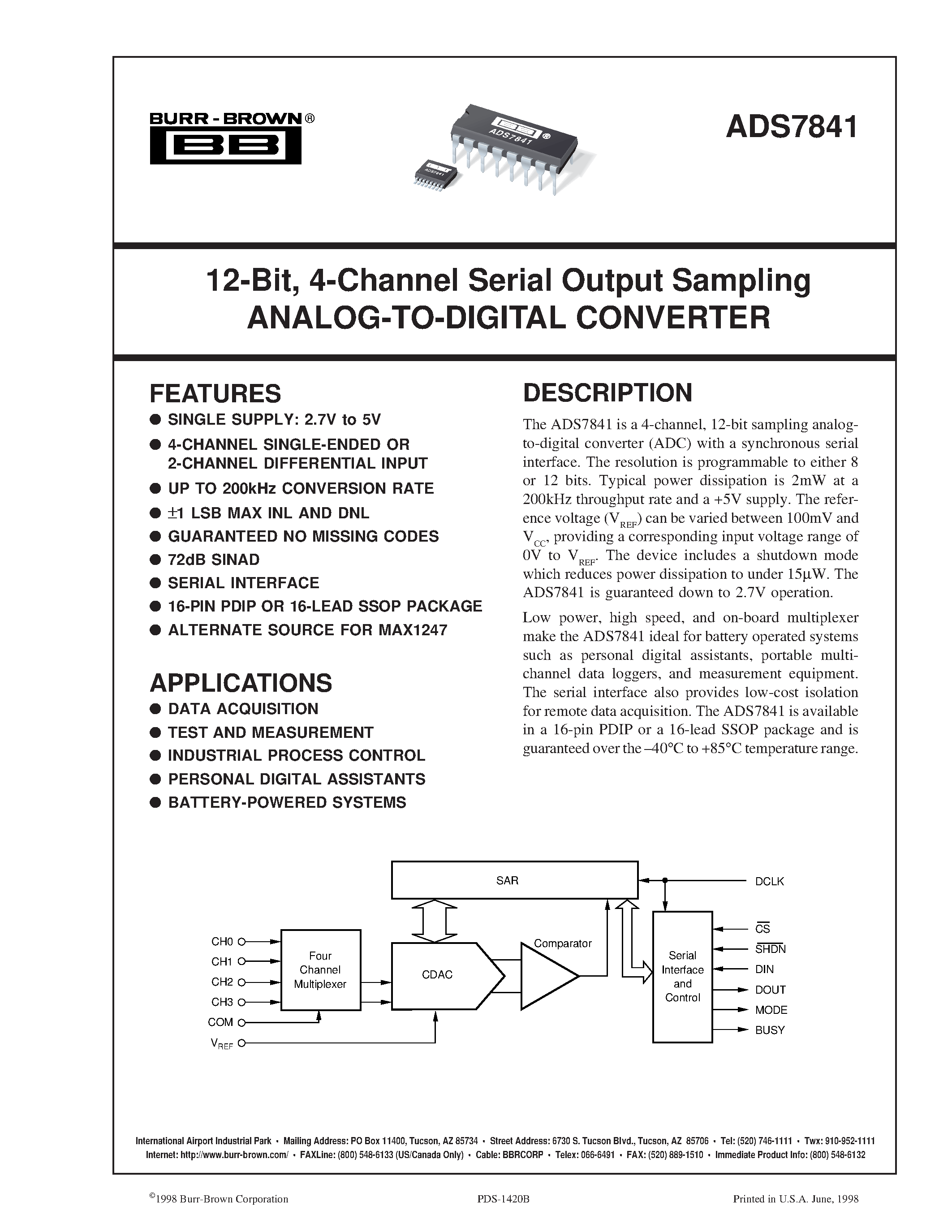 Datasheet ADS7841P - 12-Bit/ 4-Channel Serial Output Sampling ANALOG-TO-DIGITAL CONVERTER page 1