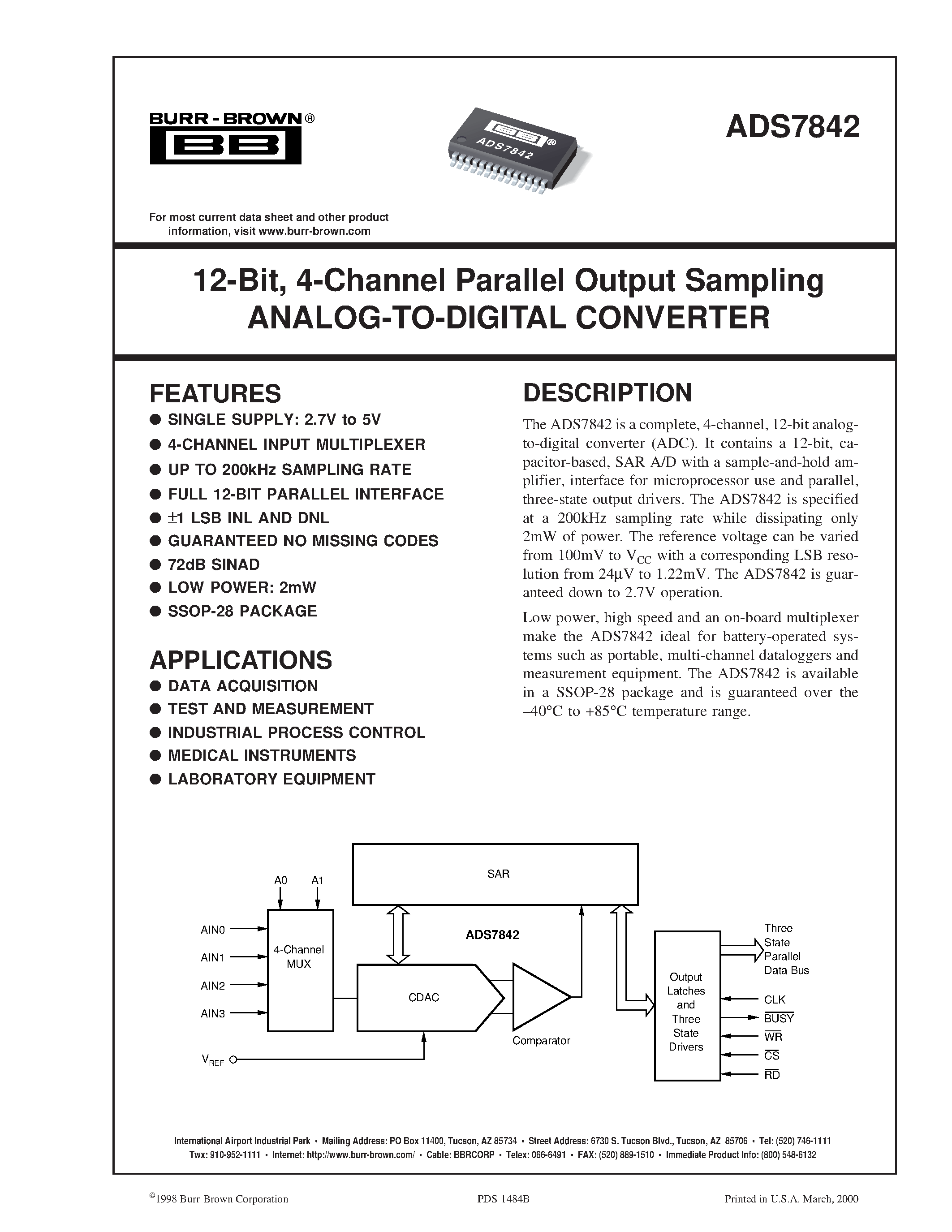 Datasheet ADS7842E - 12-Bit/ 4-Channel Parallel Output Sampling ANALOG-TO-DIGITAL CONVERTER page 1