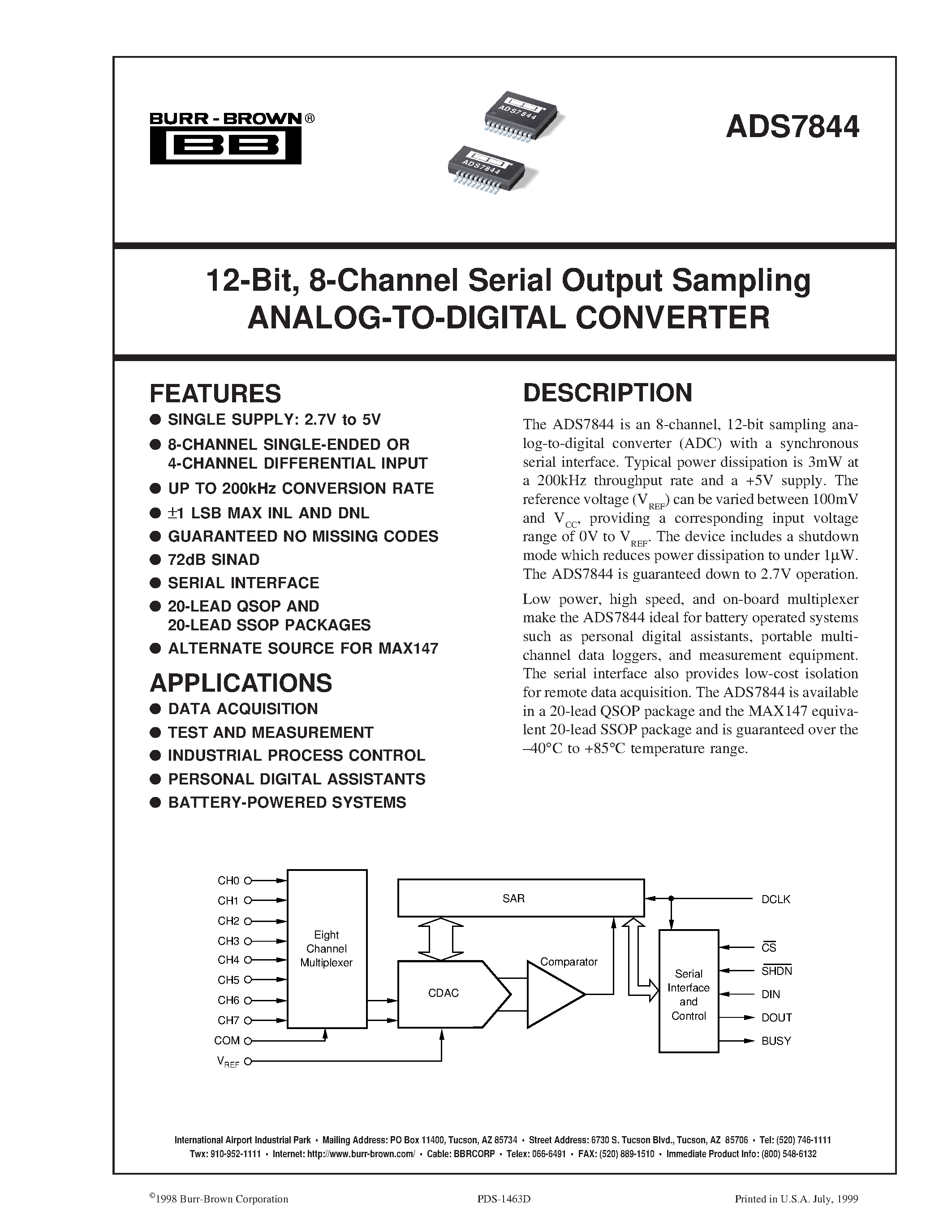 Даташит на микросхему ADS7844EB страница 1 Даташит ADS7844EB - 12-Bit/ 8-Channel Serial Output Sampling ANALOG-TO-DIGITAL CONVERTER страница 1