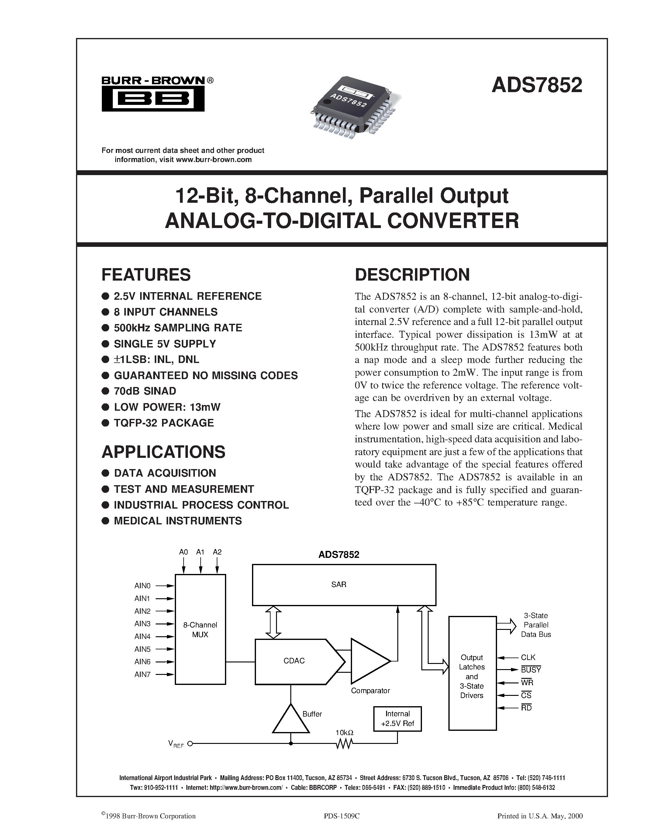 Даташит на микросхему ADS7852YB страница 1 Даташит ADS7852YB - 12-Bit/ 8-Channel/ Parallel Output ANALOG-TO-DIGITAL CONVERTER страница 1