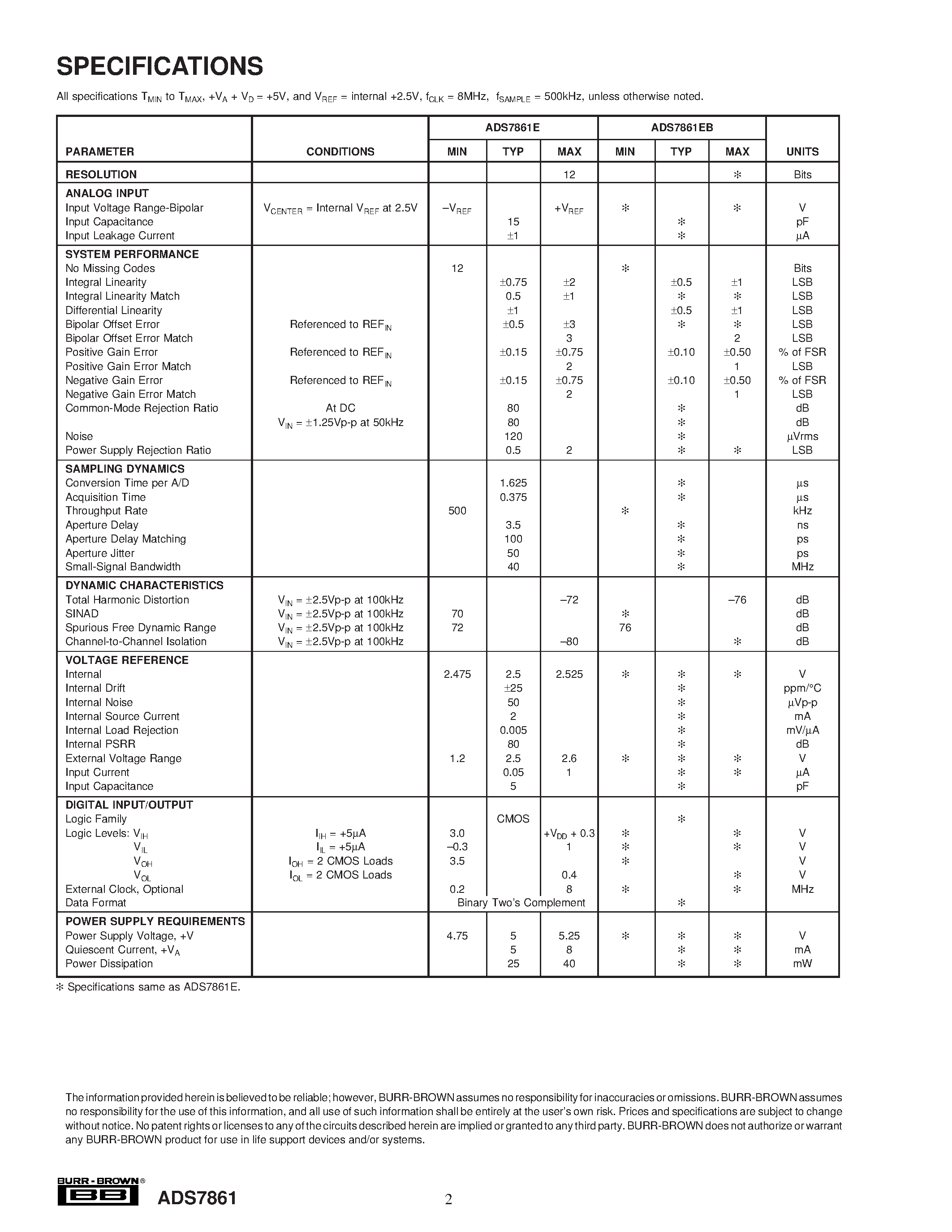 Datasheet ADS7861 - Dual/ 500kHz/ 12-Bit/ 2 2 Channel/ Simultaneous Sampling ANALOG-TO-DIGITAL CONVERTER page 2