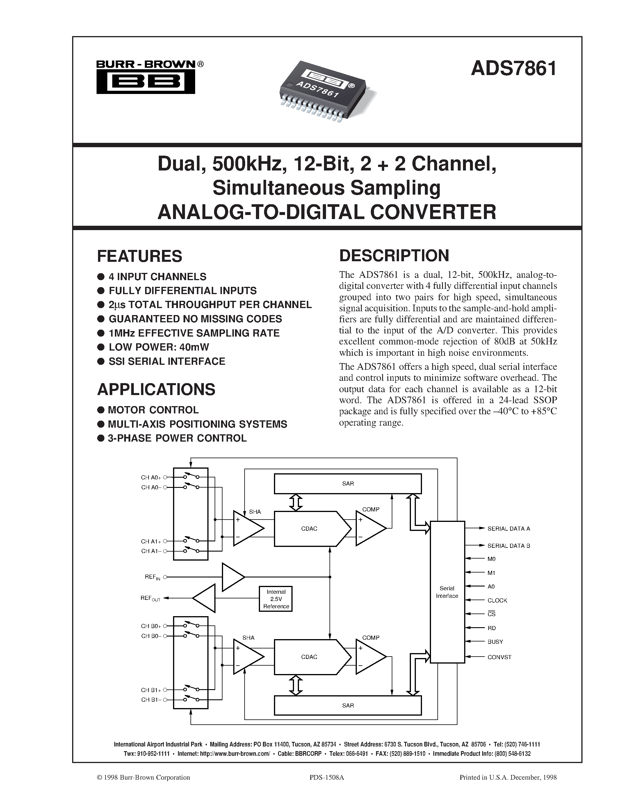 Datasheet ADS7861EB - Dual/ 500kHz/ 12-Bit/ 2 2 Channel/ Simultaneous Sampling ANALOG-TO-DIGITAL CONVERTER page 1