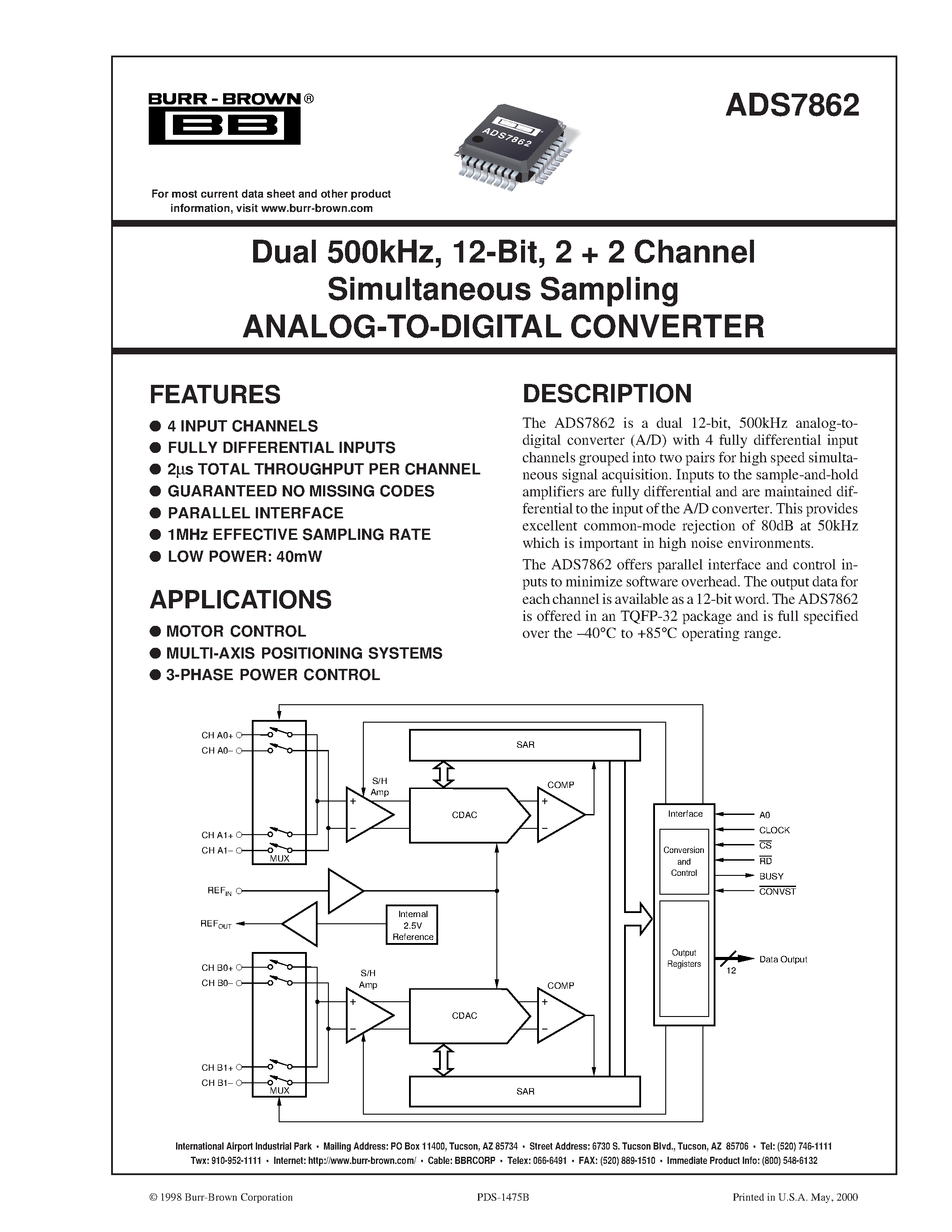Datasheet ADS7862YB - Dual 500kHz/ 12-Bit/ 2 2 Channel Simultaneous Sampling ANALOG-TO-DIGITAL CONVERTER page 1