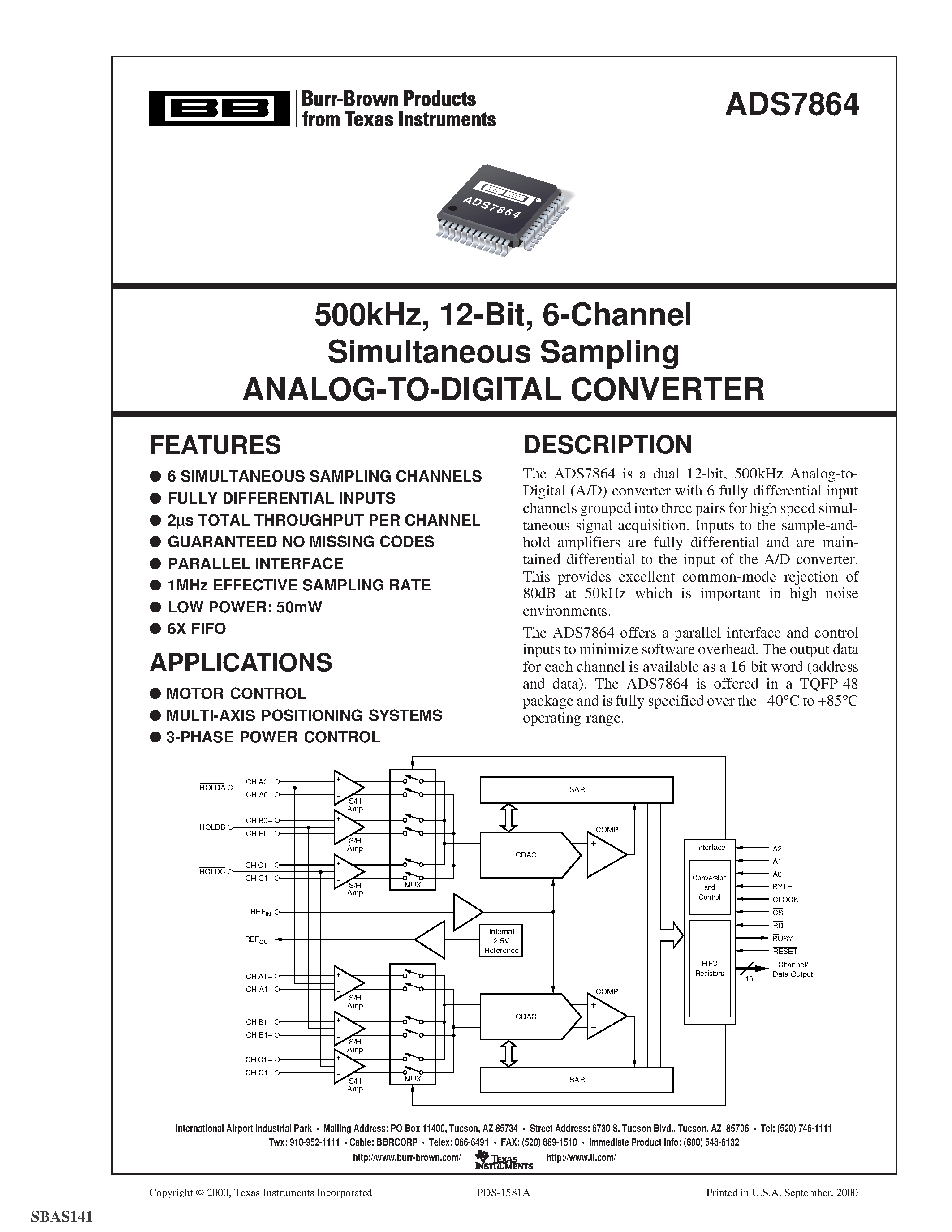 Datasheet ADS7864 - 500kHz/ 12-Bit/ 6-Channel Simultaneous Sampling ANALOG-TO-DIGITAL CONVERTER page 1