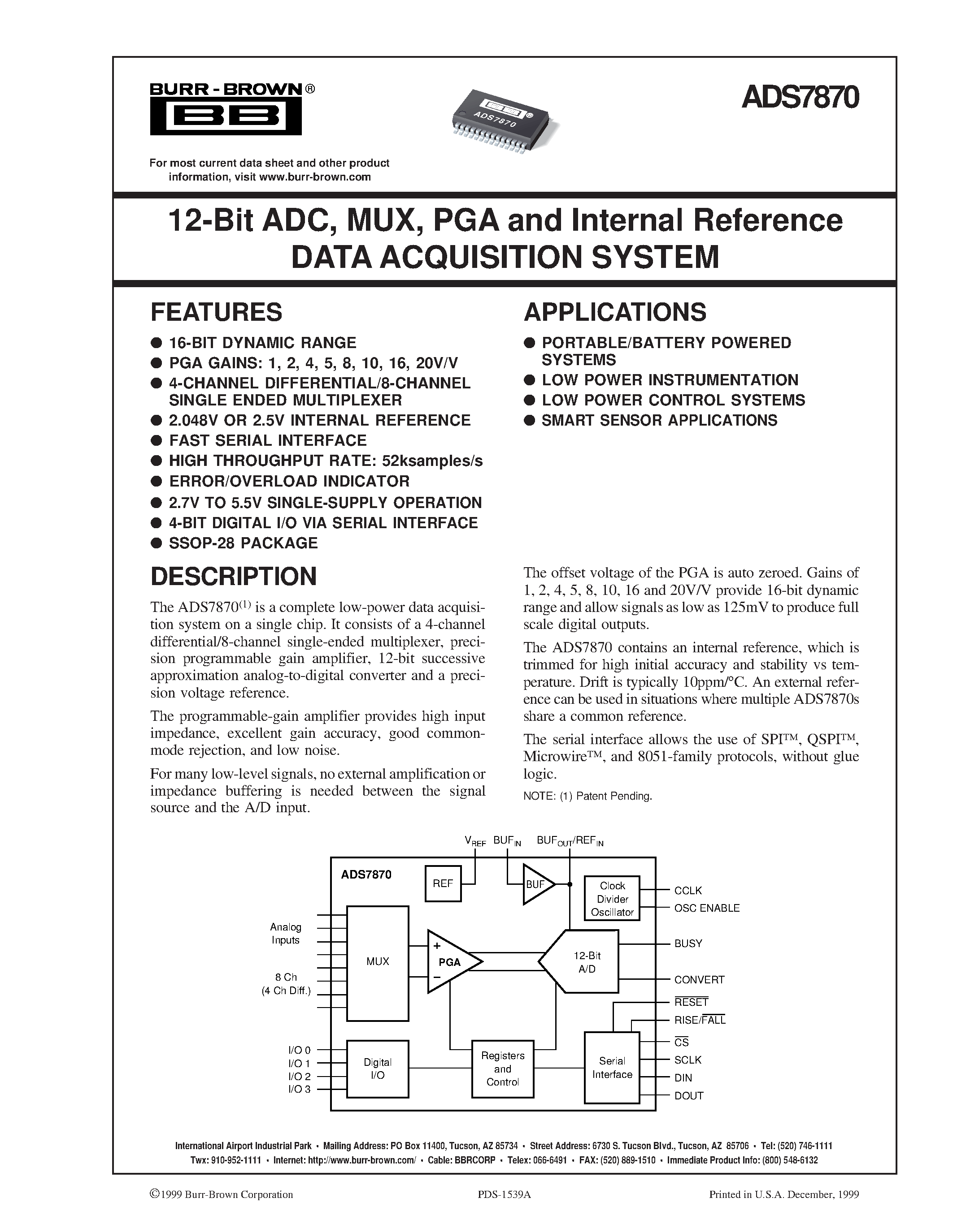 Datasheet ADS7870 - 12-Bit ADC/ MUX/ PGA and Internal Reference DATA ACQUISITION SYSTEM page 1