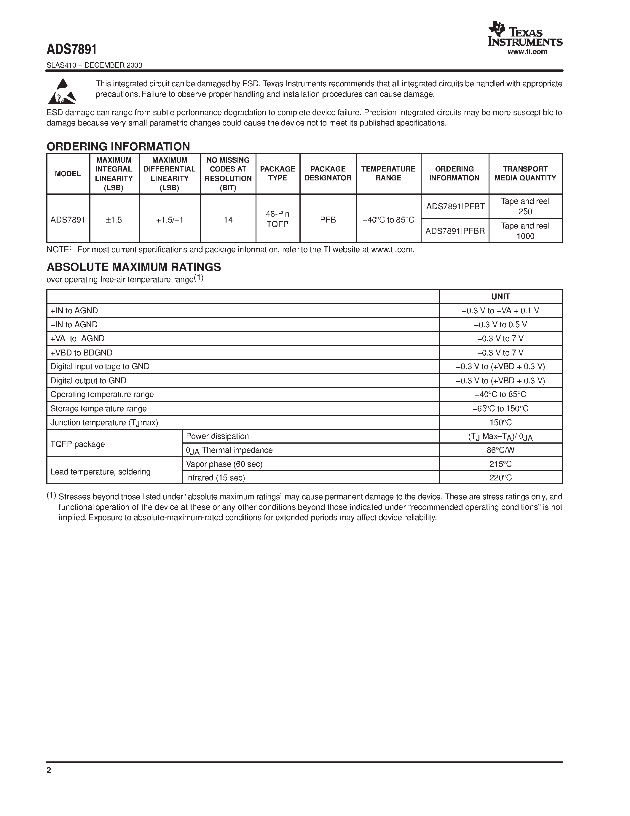 Datasheet ADS7891 page 2 Datasheet ADS7891 - 14BIT 3 MSPS LOW POWER SAR ANALOG TO DIGITAL CONVERTER page 2