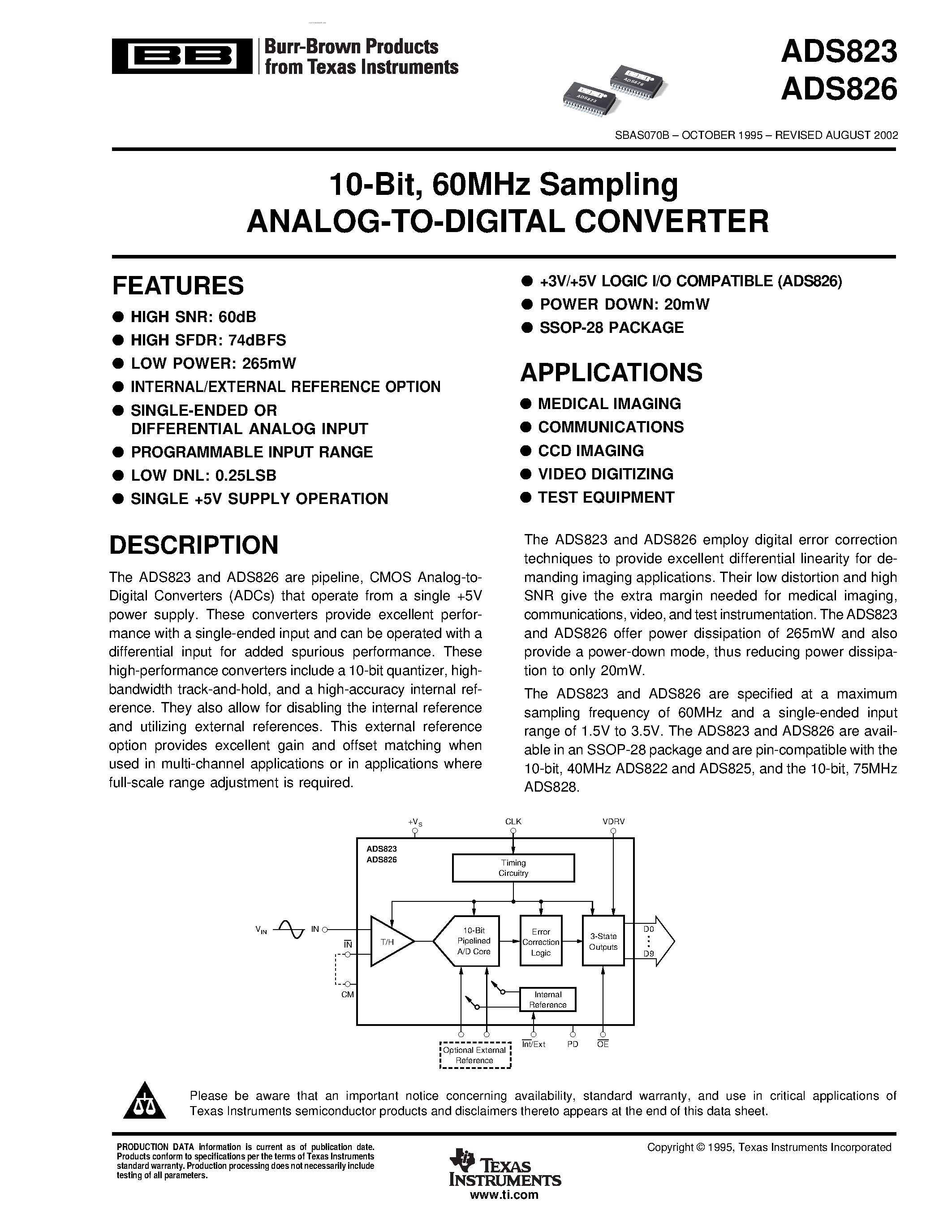 Datasheet ADS826E(1) - 10-Bit/ 60MHz Sampling ANALOG-TO-DIGITAL CONVERTER page 1