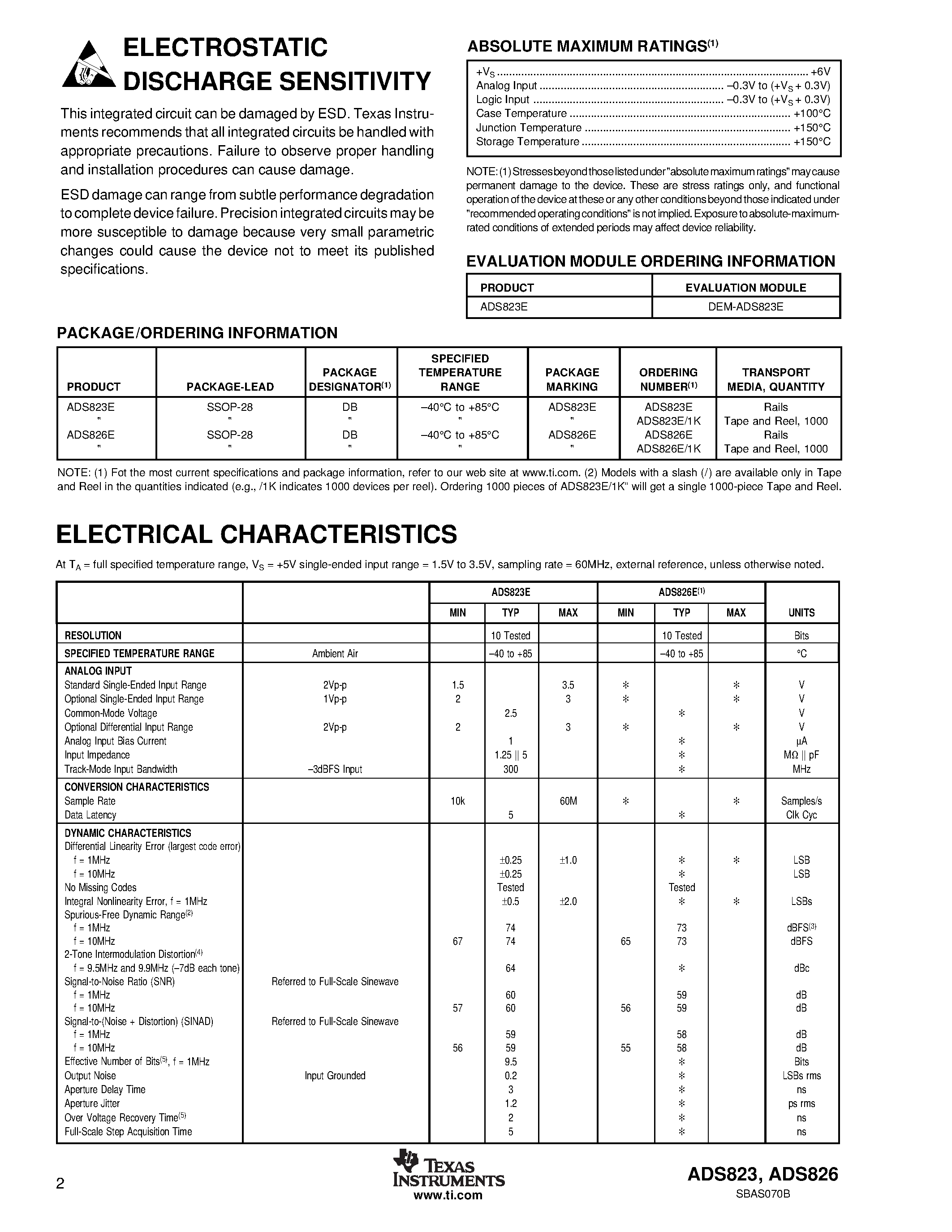 Datasheet ADS826E(1) - 10-Bit/ 60MHz Sampling ANALOG-TO-DIGITAL CONVERTER page 2