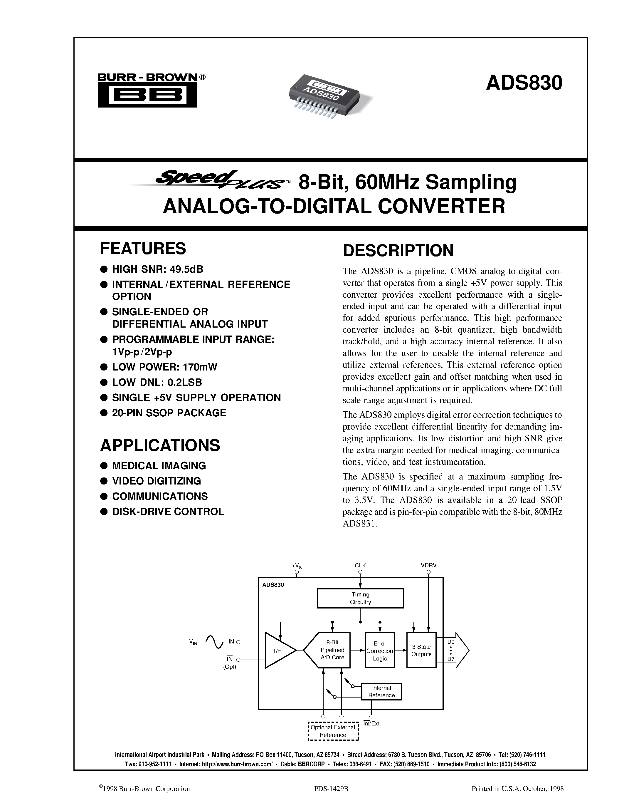 Даташит на микросхему ADS830E страница 1 Даташит ADS830E - 8-Bit/ 60MHz Sampling ANALOG-TO-DIGITAL CONVERTER страница 1